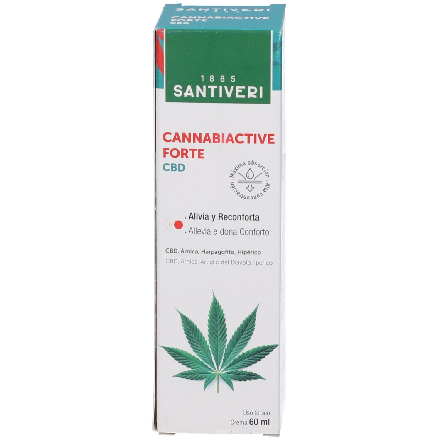 Scatola con informazioni sul prodotto. Scritta: Cannabiactive Forte CBD. Marchio Santiveri. Contiene un'illustrazione di una foglia di cannabis.