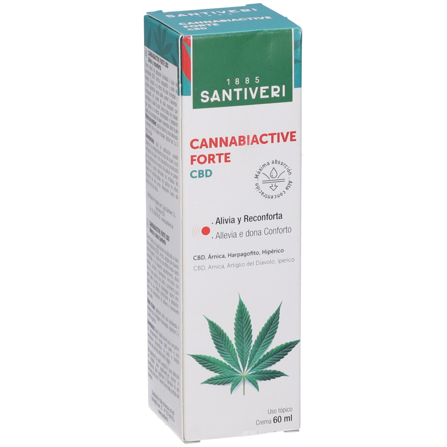 Scatola con informazioni sul prodotto. Scritta: Cannabiactive Forte CBD. Marchio Santiveri. Contiene un'illustrazione di una foglia di cannabis.