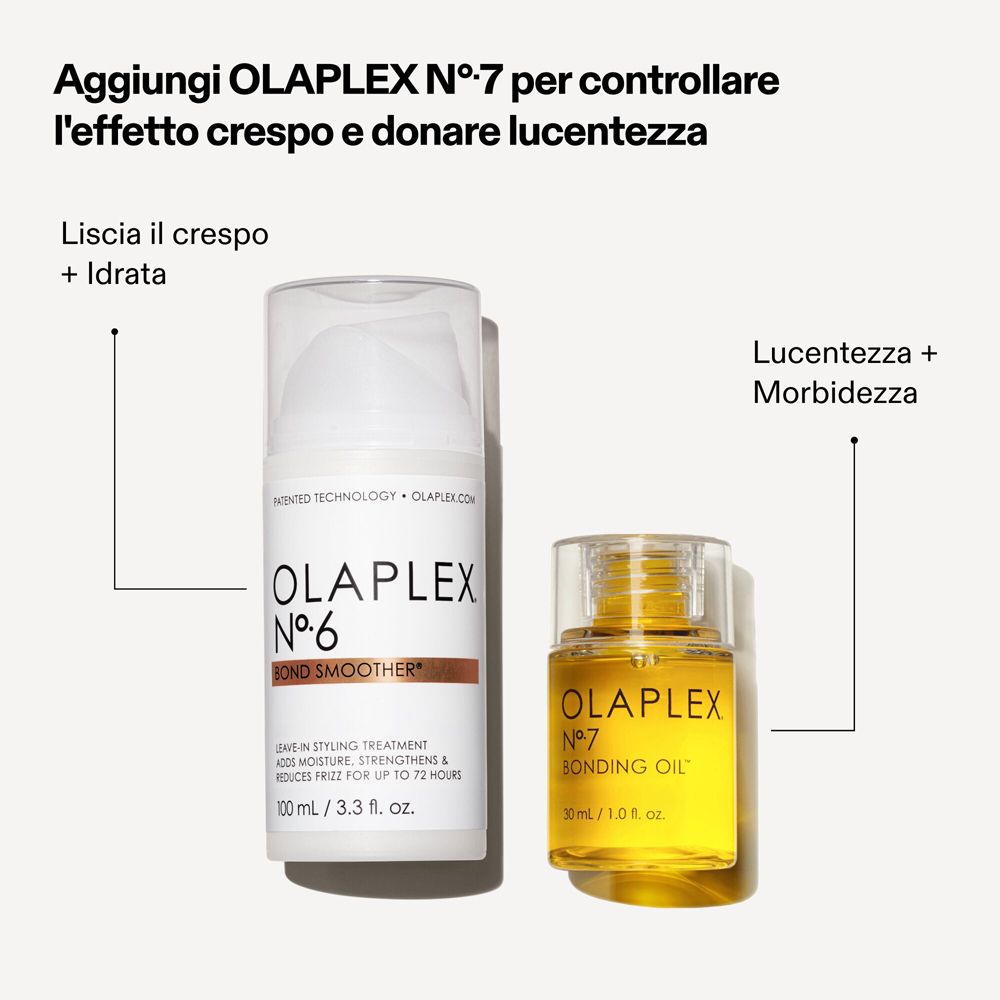 Due flaconi. Sinistra: OLAPLEX No.6 Bond Smoother. Destra: OLAPLEX No.7 Bonding Oil. Testo: Lucentezza + morbidezza.