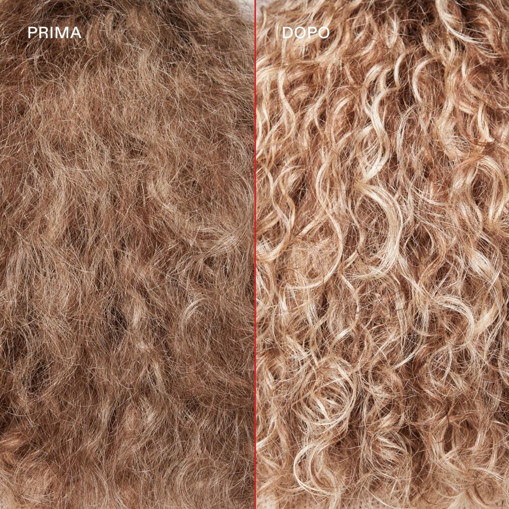 Due immagini affiancate. Sinistra: capelli biondi ricci. Destra: capelli biondi lucenti. Testo: Prima e Dopo.