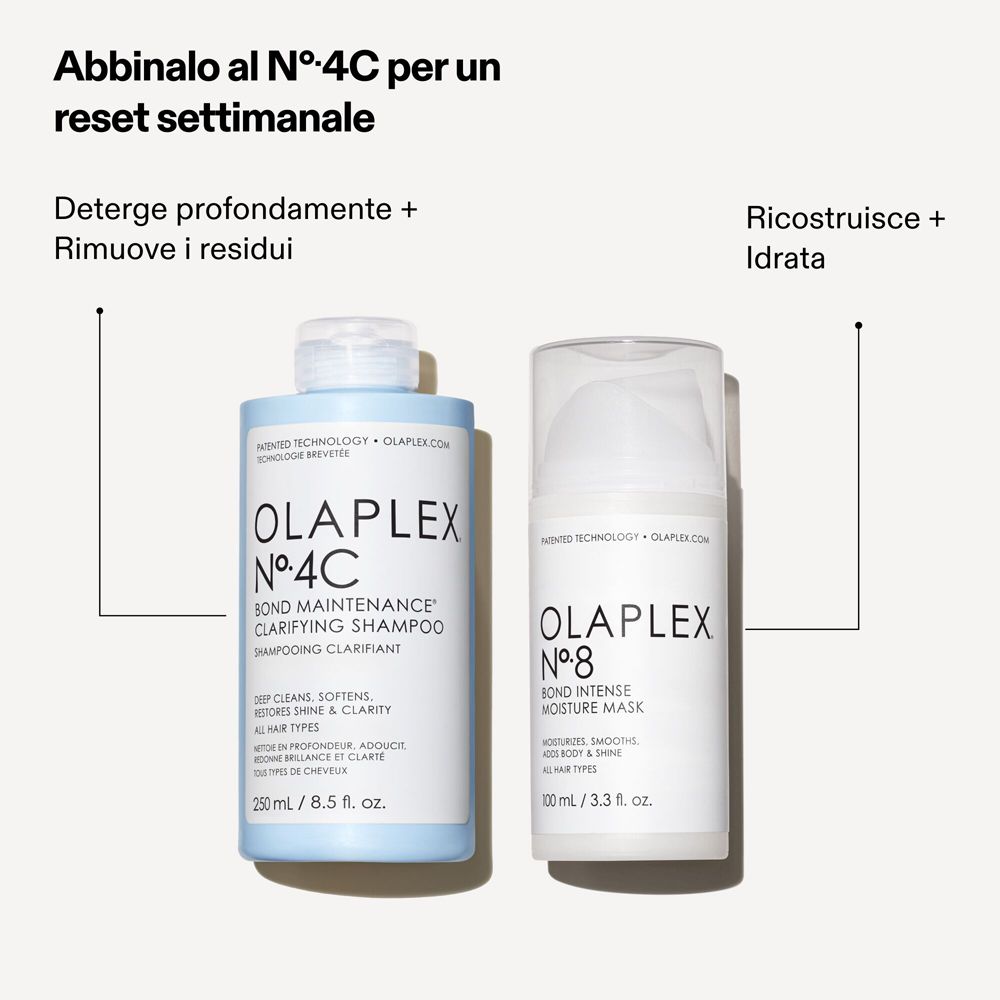 Due flaconi affiancati. Sinistra: Olaplex Nr. 4C. Destra: Olaplex Nr. 8 Bond Intense Moisture Mask. Testo in italiano.