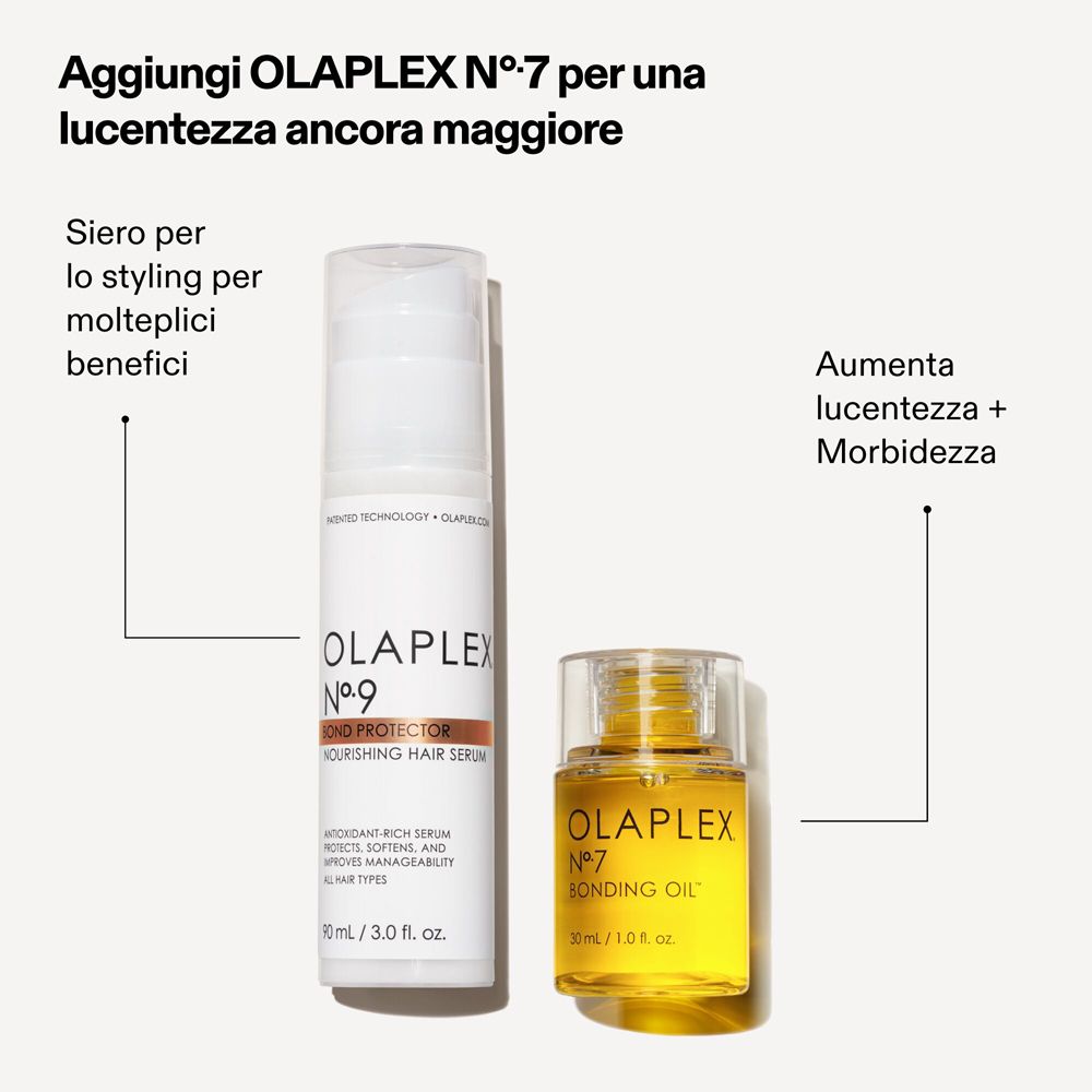 Due prodotti: Olaplex No.9 e No.7. Testo e frecce mostrano i benefici.