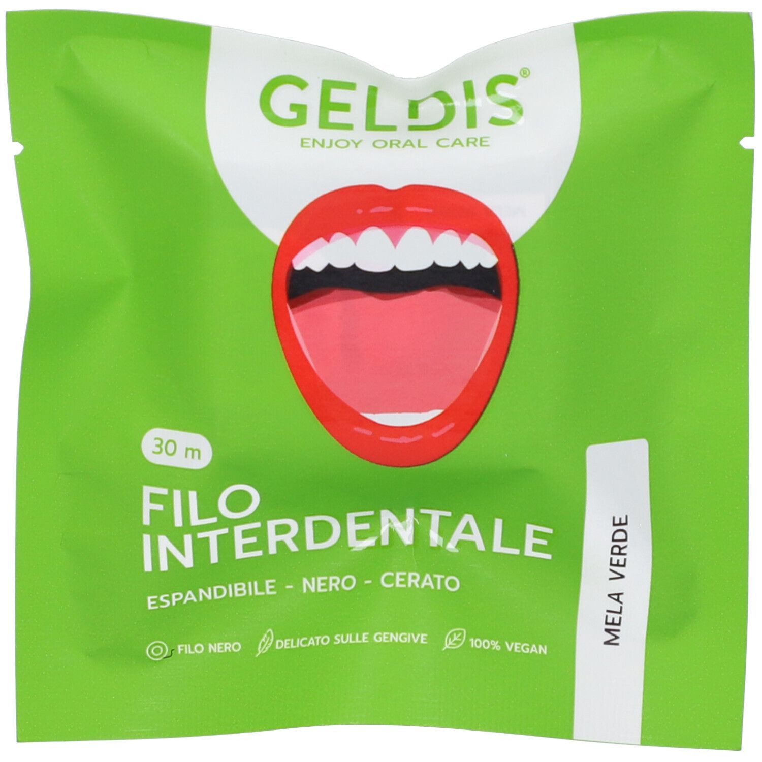 Busta verde con logo "GELDIS" e bocca. Testo: "FILO INTERDENTALE", "Mela Verde".