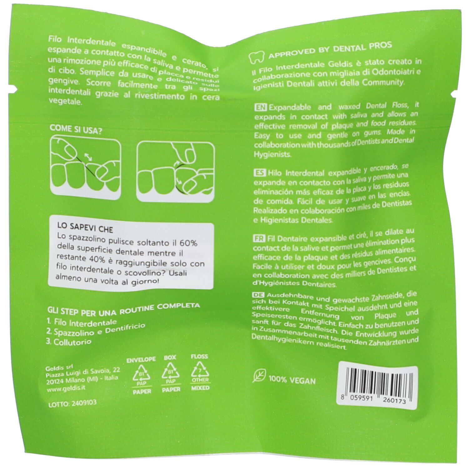 Retro della busta verde. Testo multilingue, illustrazioni.
