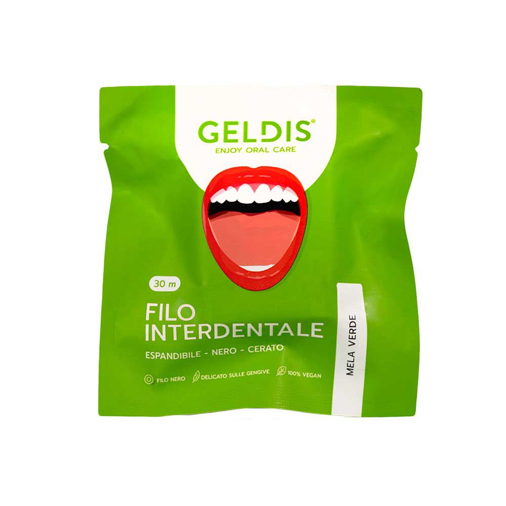 Busta verde con logo "GELDIS" e bocca. Testo: "FILO INTERDENTALE", "Mela Verde".
