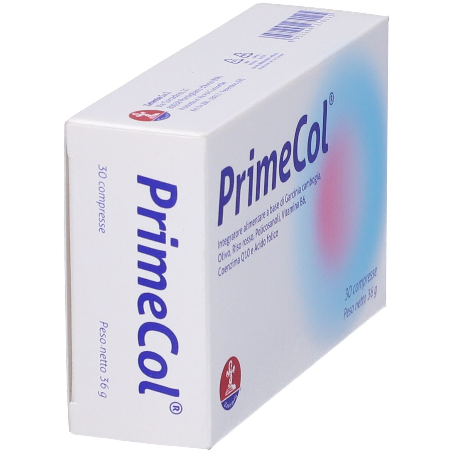 Scatola bianca "PrimeCol" in prospettiva. Logo e informazioni. 30 compresse, 36 g.