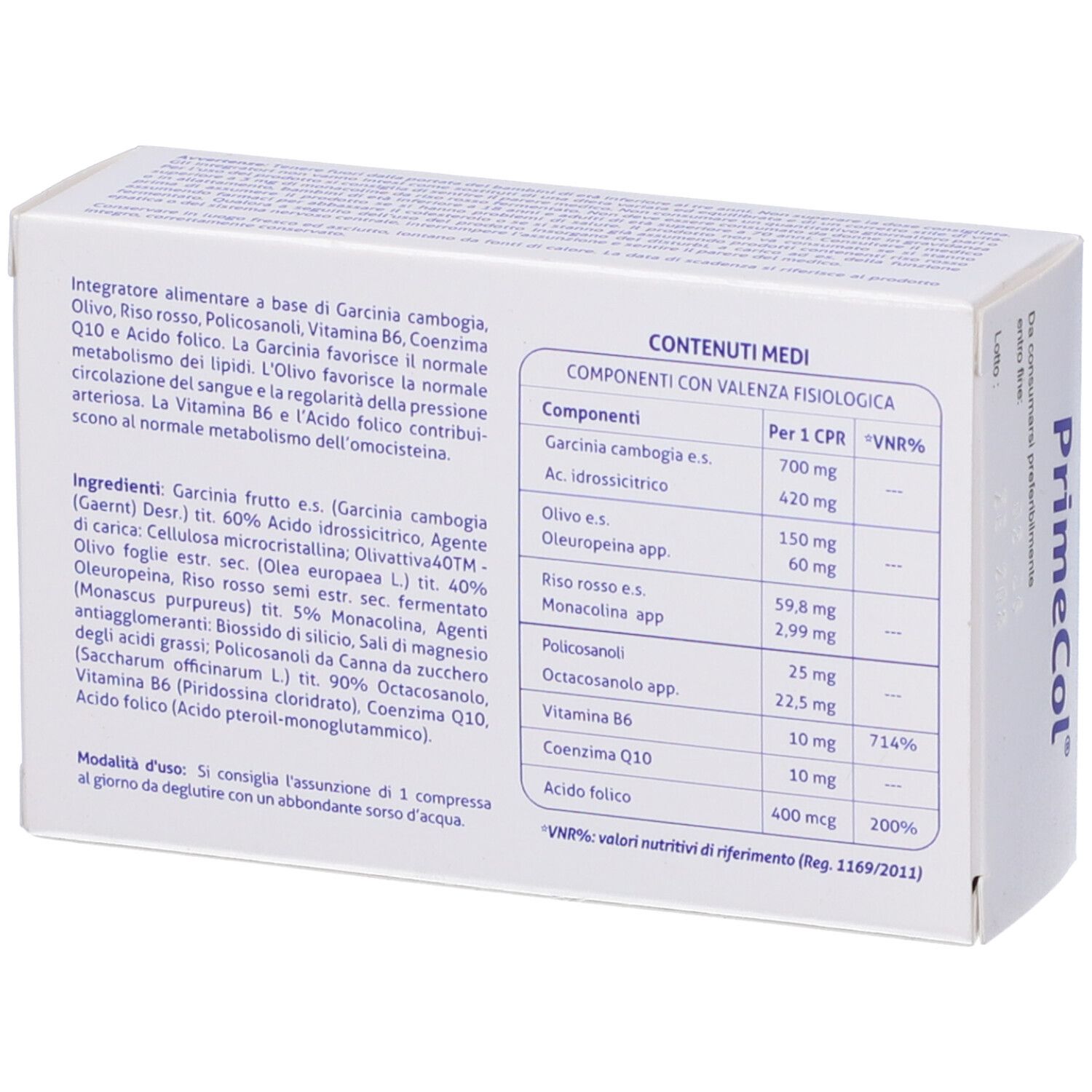 Retro della scatola "PrimeCol". Elenco ingredienti e informazioni nutrizionali.