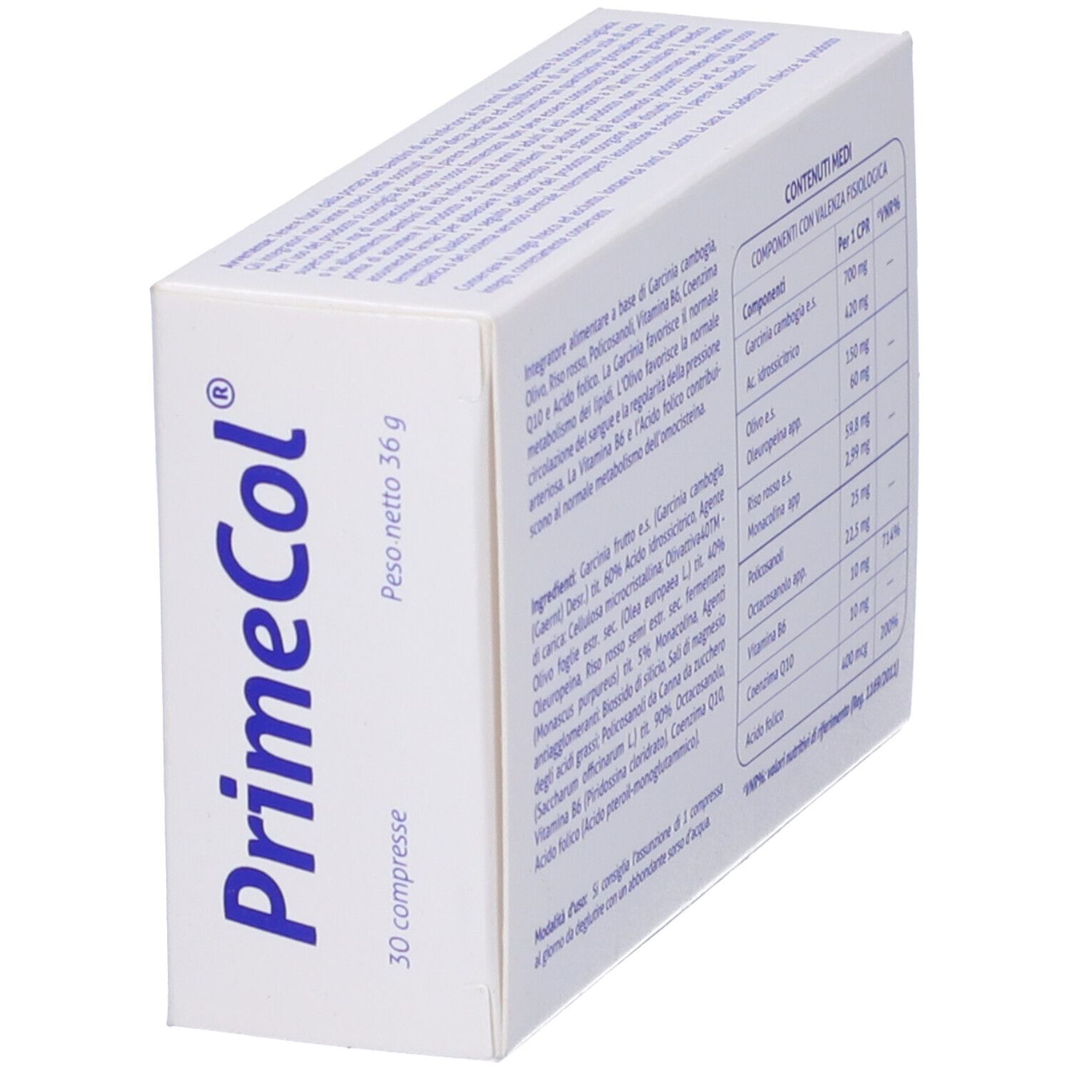 Scatola "PrimeCol" in prospettiva. Logo, informazioni e valori nutrizionali.