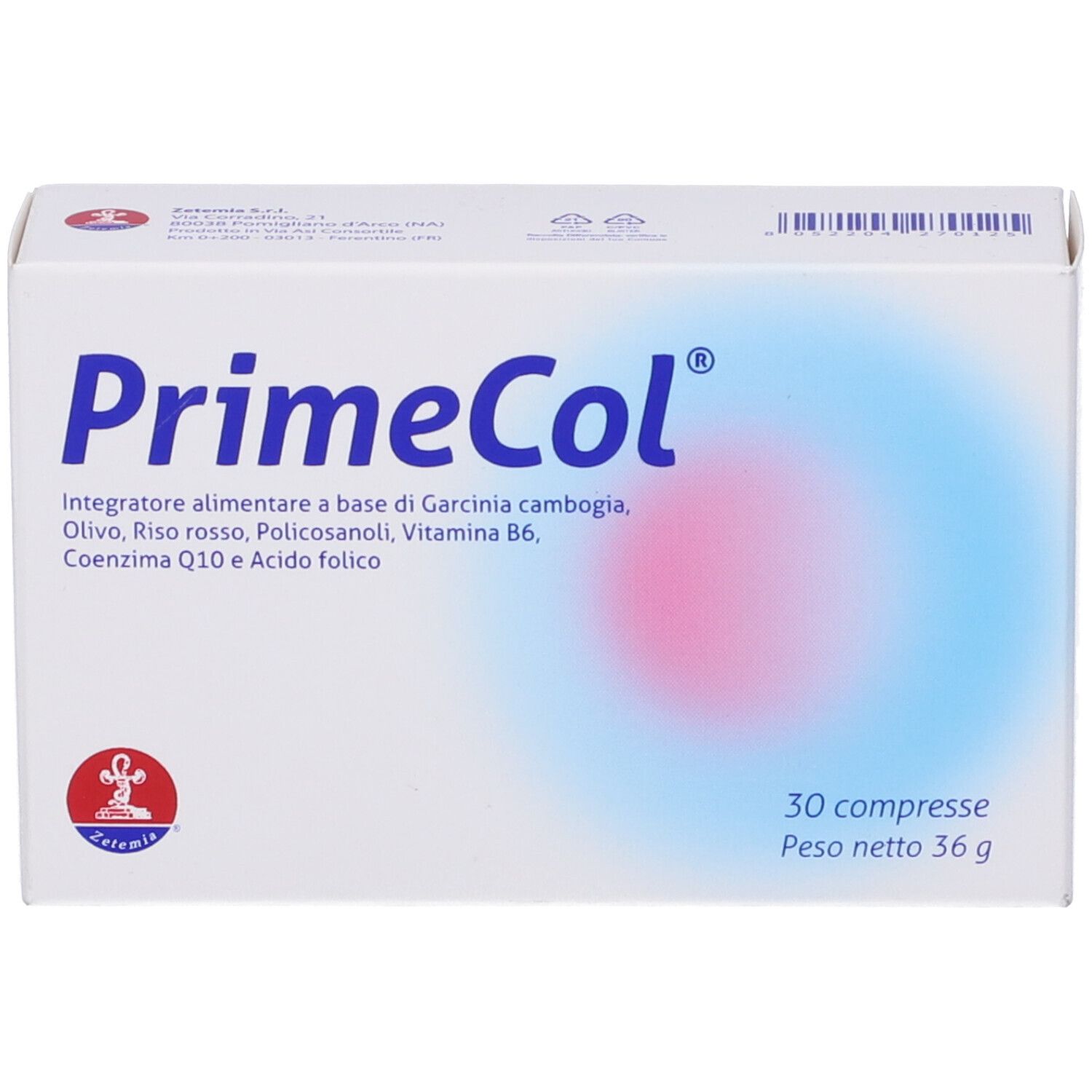 Scatola bianca "PrimeCol" con logo e informazioni. 30 compresse, 36 g.