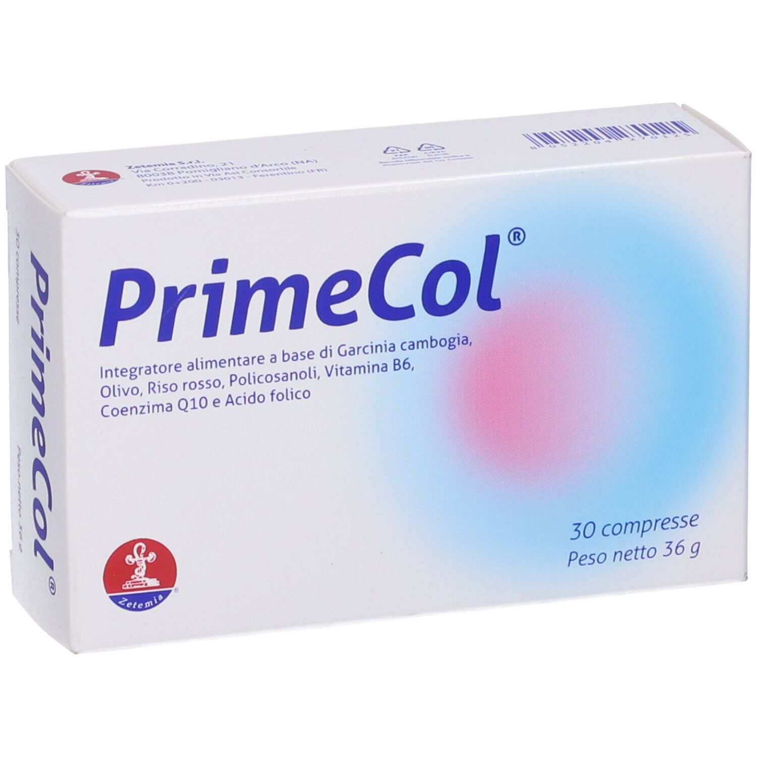 Scatola bianca "PrimeCol" con logo e informazioni. 30 compresse, 36 g.