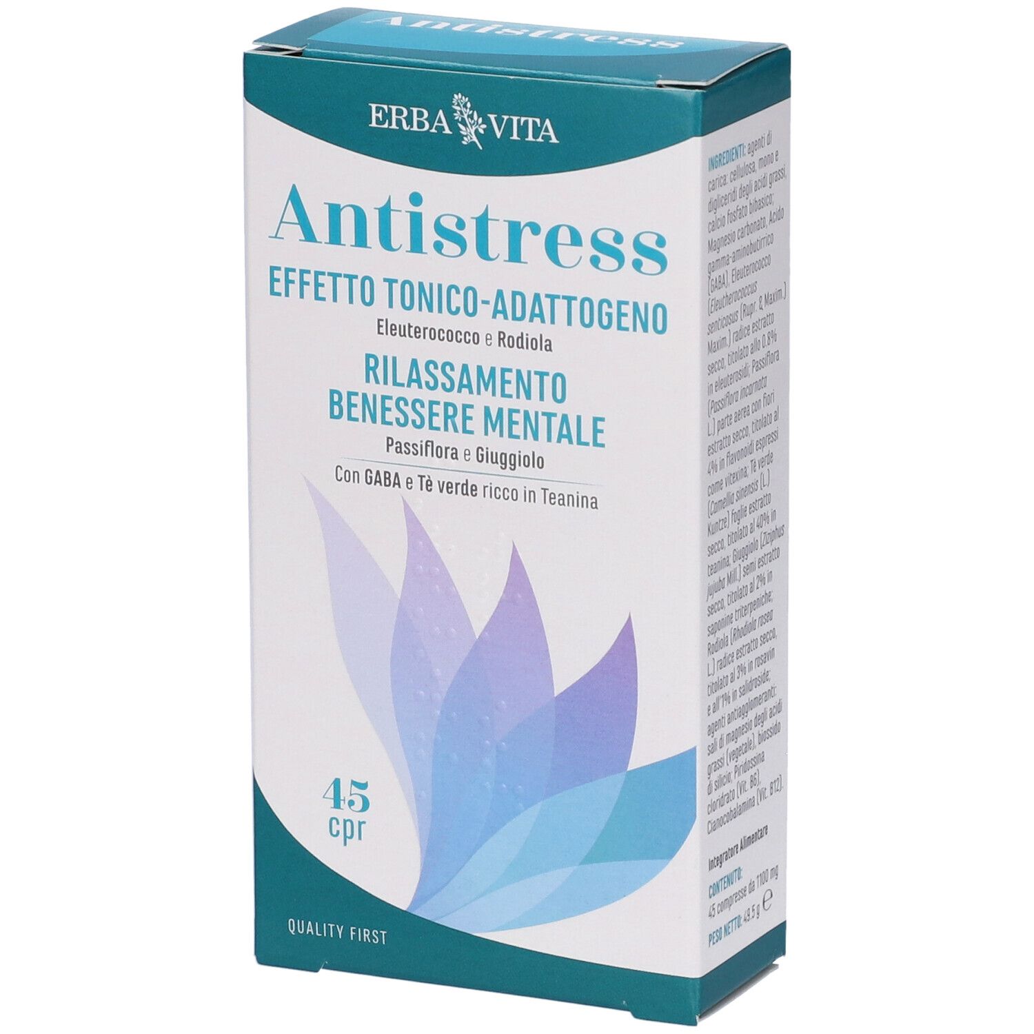 Scatola "Antistress". Testo: "Effetto tonico-adattogeno", "Rilassamento benessere mentale". 45 compresse. Logo "Erba Vita".