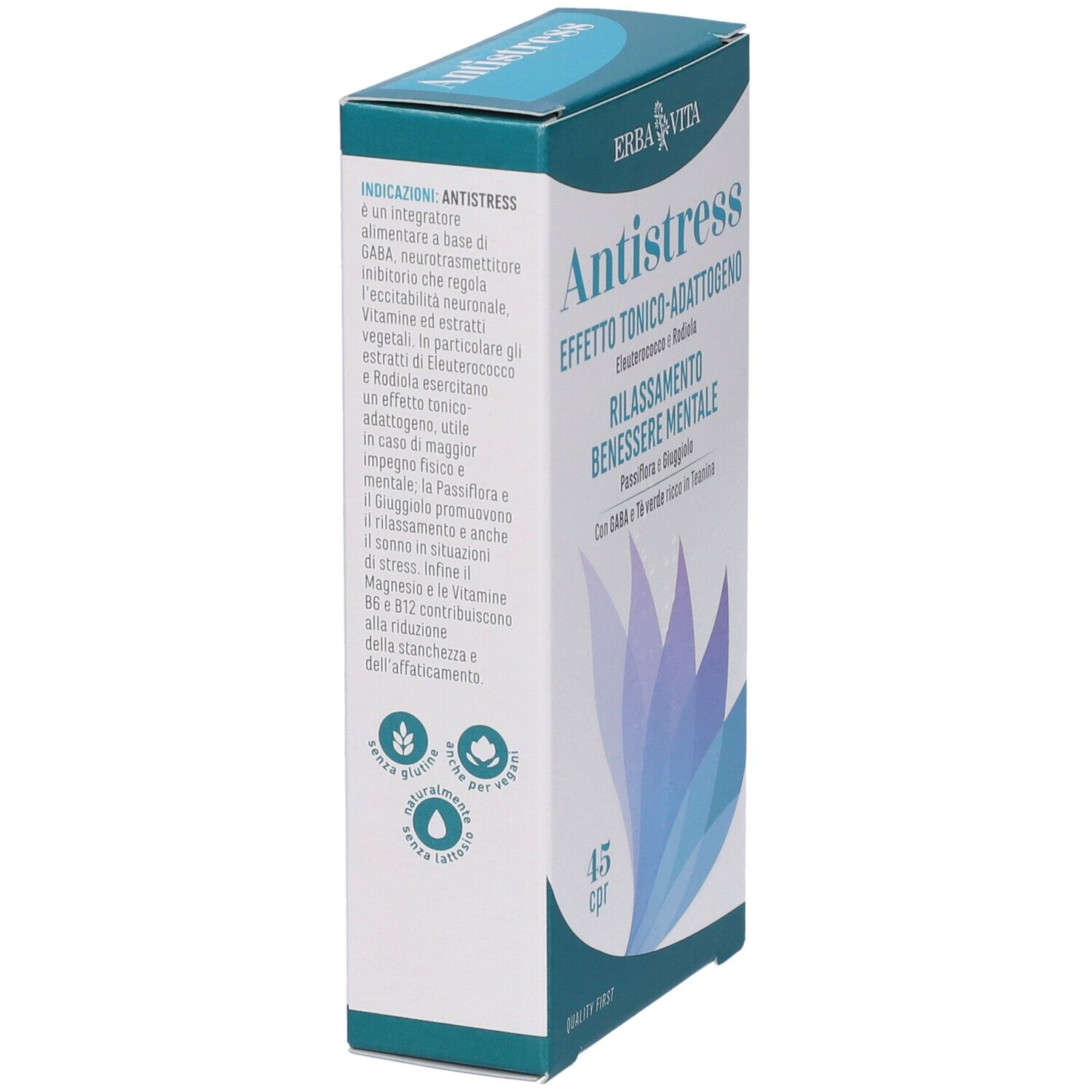 Scatola "Antistress". Testo: "Effetto tonico-adattogeno", "Rilassamento benessere mentale". 45 compresse. Logo "Erba Vita".