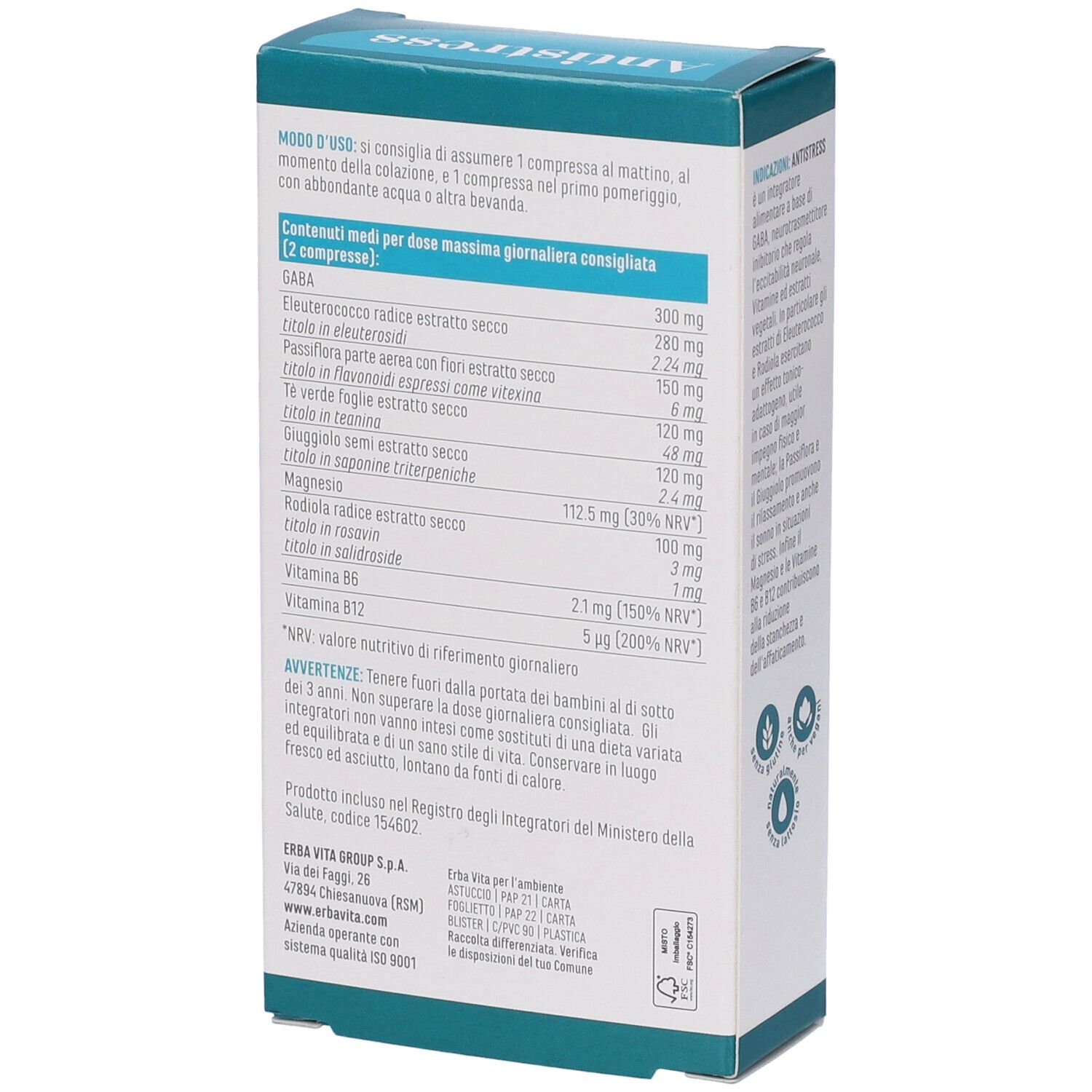 Retro della scatola "Antistress". Contiene informazioni sugli ingredienti e il dosaggio.