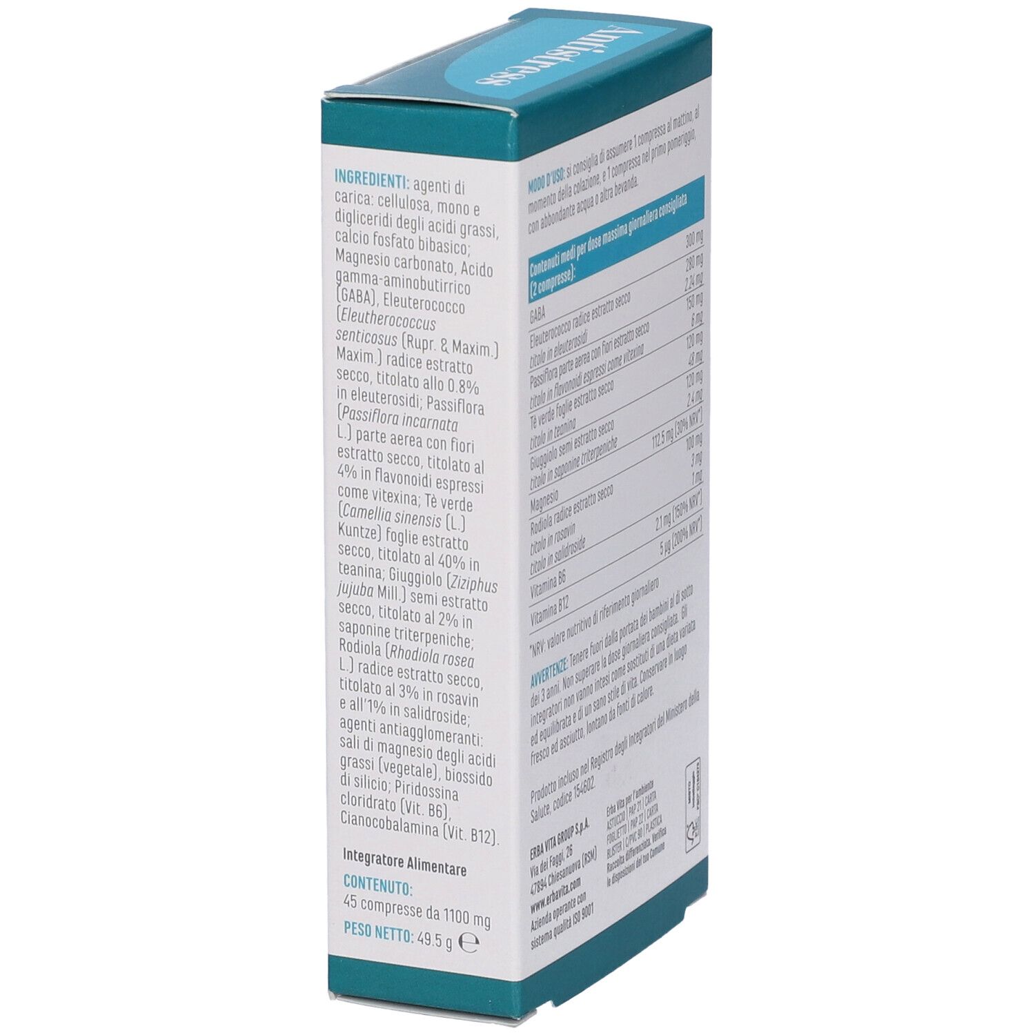 Retro della scatola "Antistress". Contiene informazioni sugli ingredienti e i valori nutrizionali.