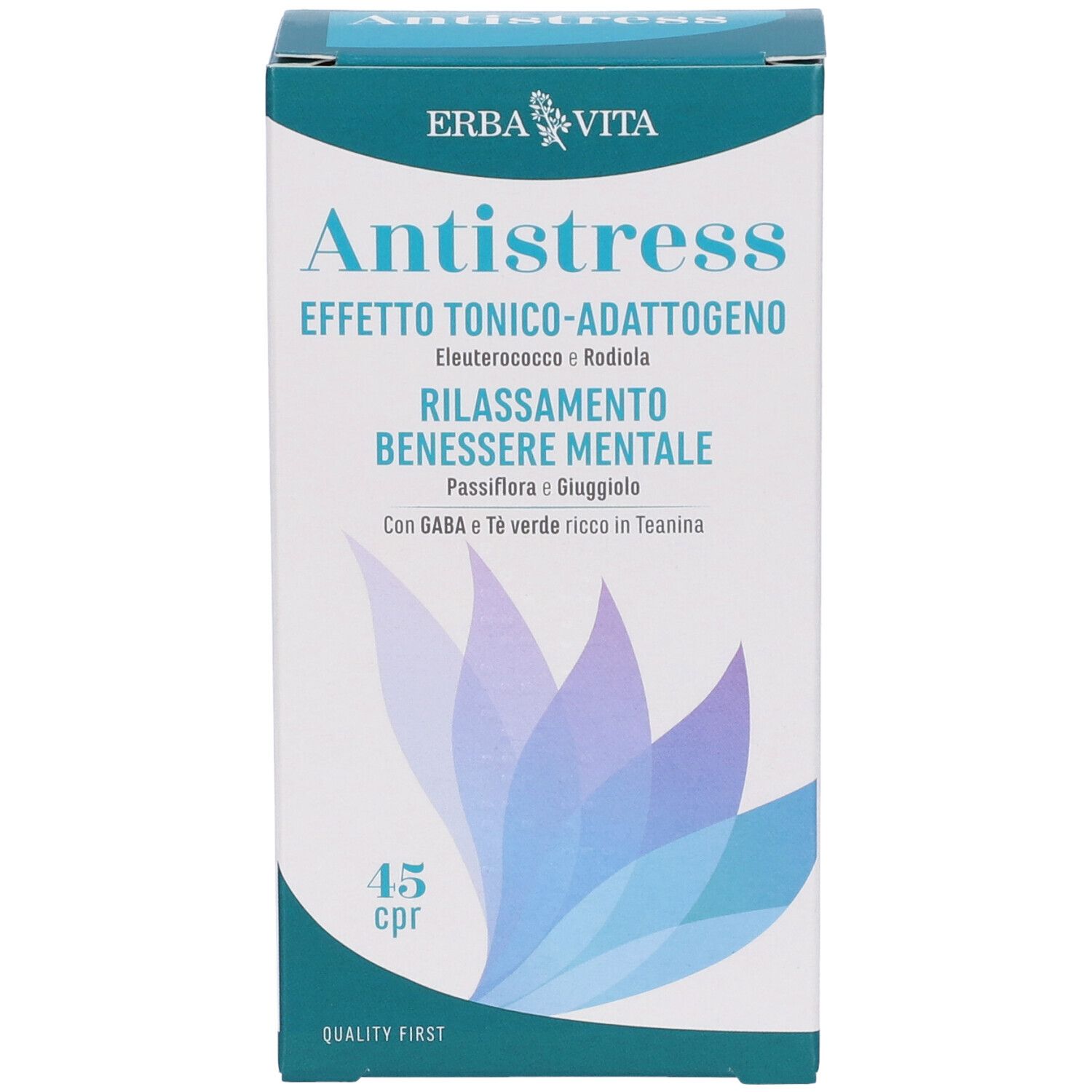 Scatola "Antistress". Testo: "Effetto tonico-adattogeno", "Rilassamento benessere mentale". 45 compresse. Logo "Erba Vita".