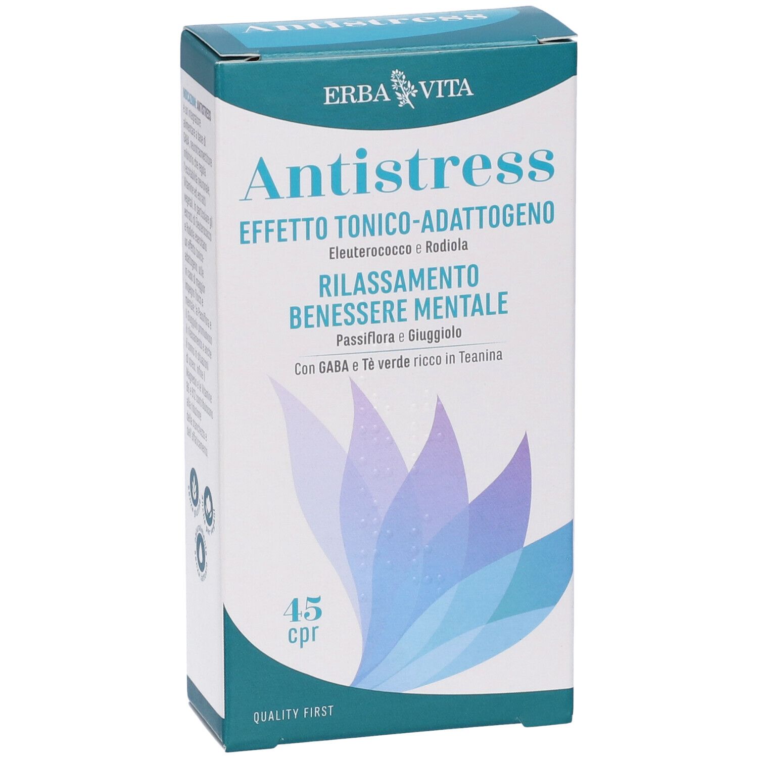 Scatola "Antistress". Testo: "Effetto tonico-adattogeno", "Rilassamento benessere mentale". 45 compresse. Logo "Erba Vita".