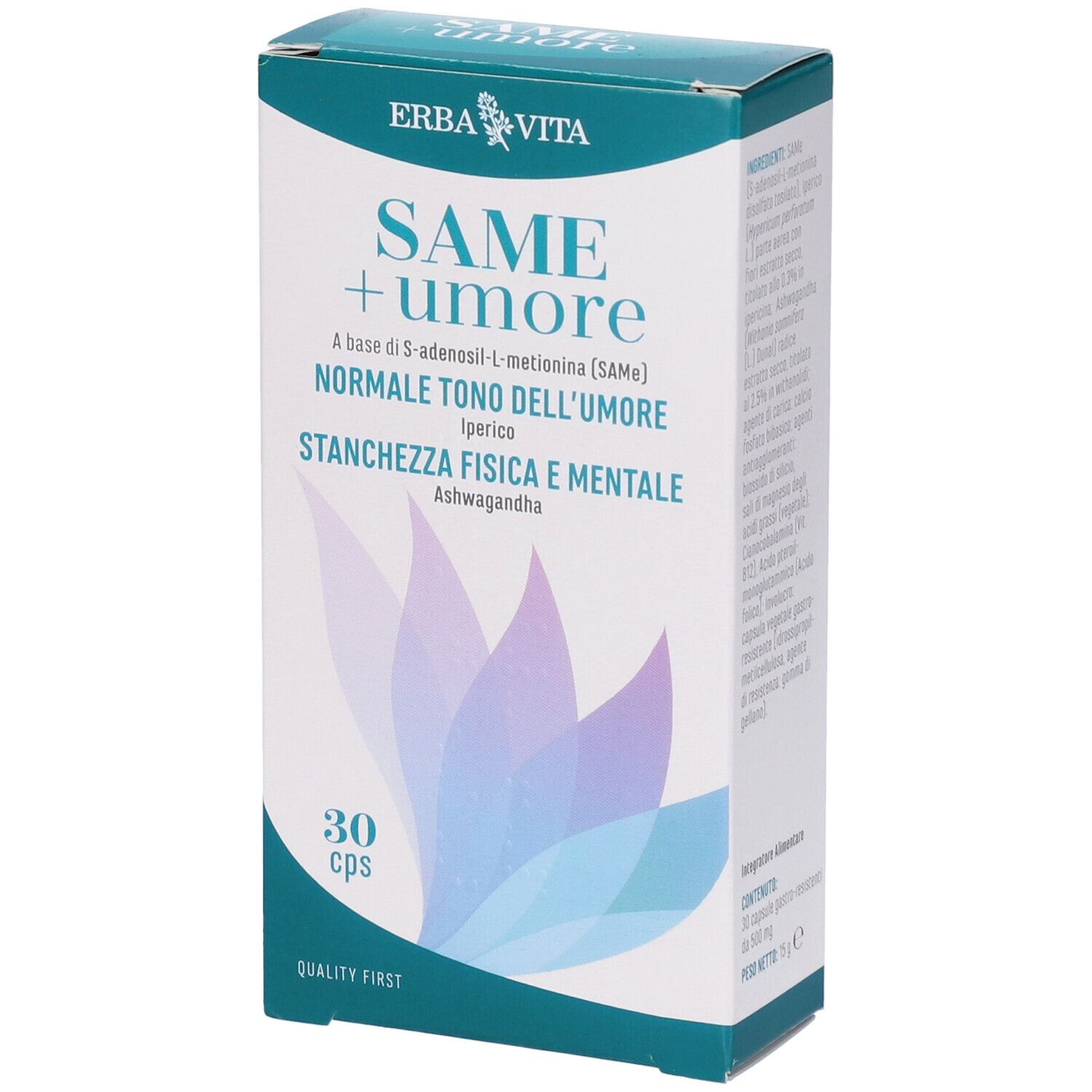 Scatola Erba Vita SAME + umore. Motivo floreale blu. Testo: SAME + umore, 30 cps, Quality First. Contiene 30 capsule.