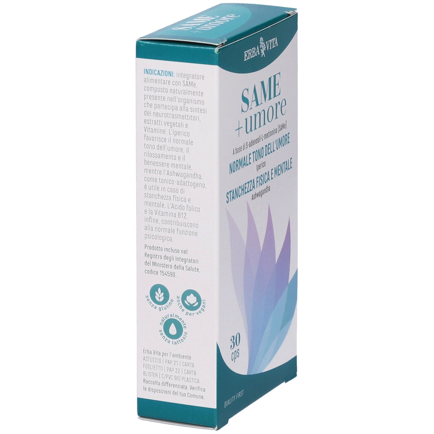 Scatola Erba Vita SAME + umore. Motivo floreale blu. Testo: SAME + umore, 30 cps, Quality First. Contiene 30 capsule.