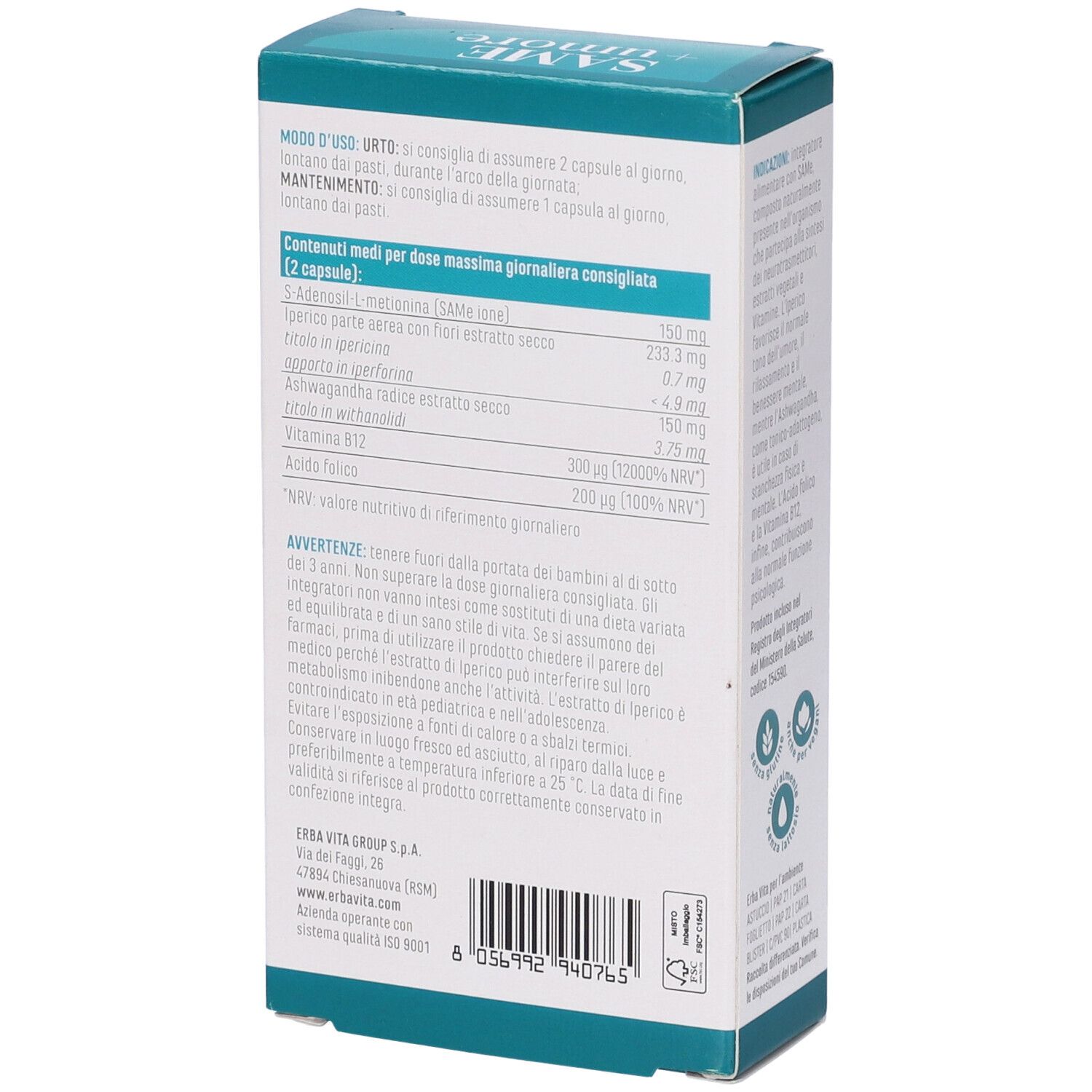 Scatola Erba Vita SAME + umore. Motivo floreale blu. Testo: SAME + umore, 30 cps, Quality First. Contiene 30 capsule.
