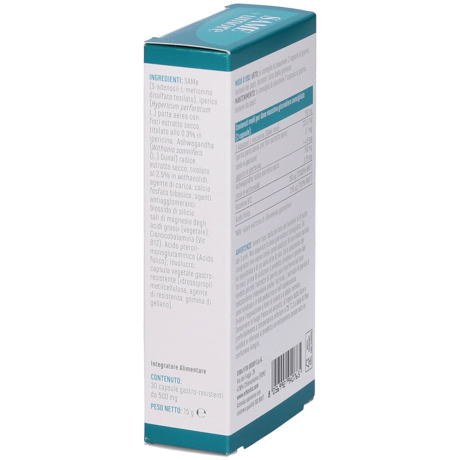 Scatola Erba Vita SAME + umore. Motivo floreale blu. Testo: SAME + umore, 30 cps, Quality First. Contiene 30 capsule.