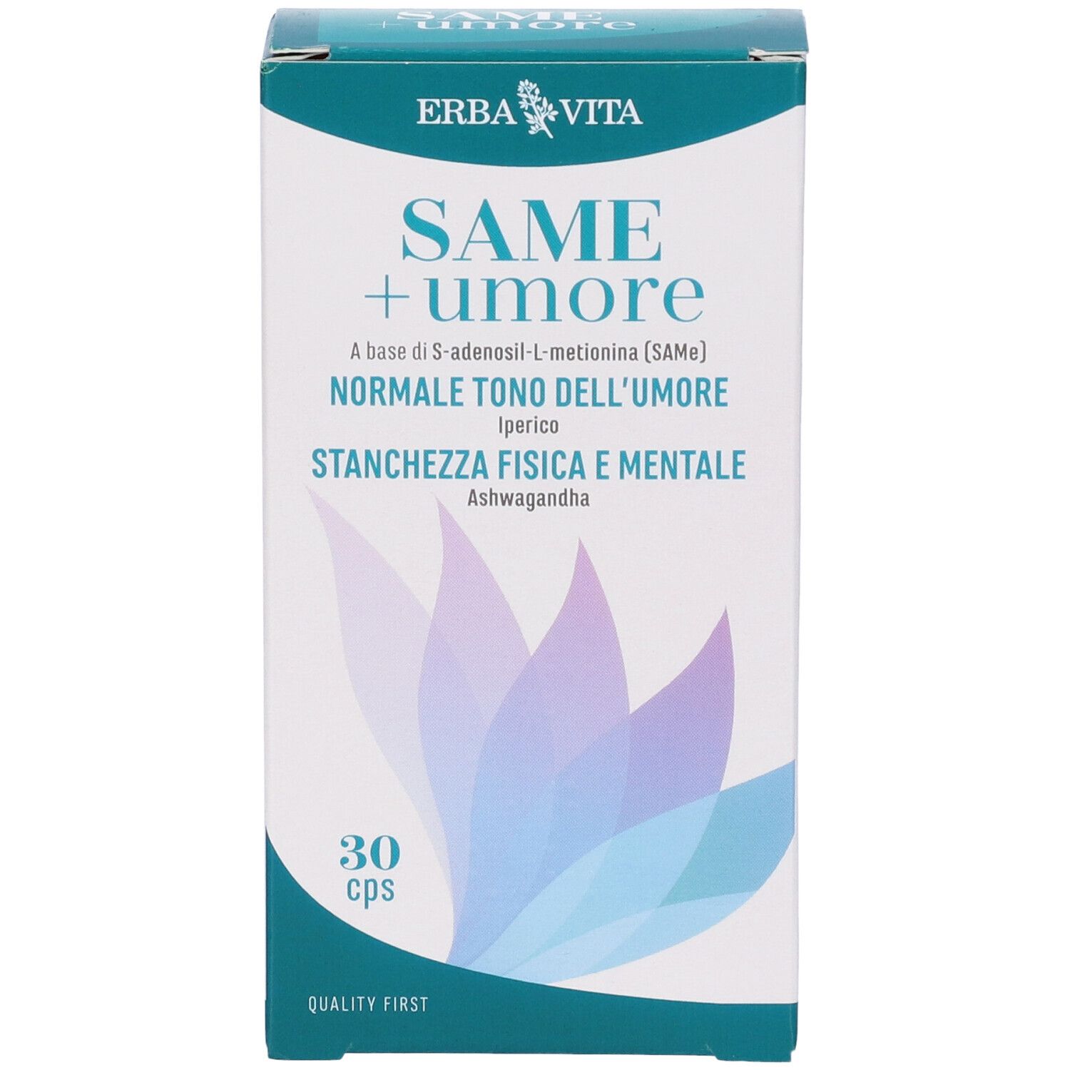 Scatola Erba Vita SAME + umore. Motivo floreale blu. Testo: SAME + umore, 30 cps, Quality First. Contiene 30 capsule.