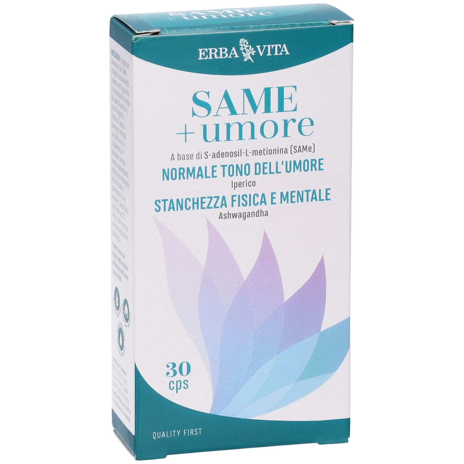 Scatola Erba Vita SAME + umore. Motivo floreale blu. Testo: SAME + umore, 30 cps, Quality First. Contiene 30 capsule.