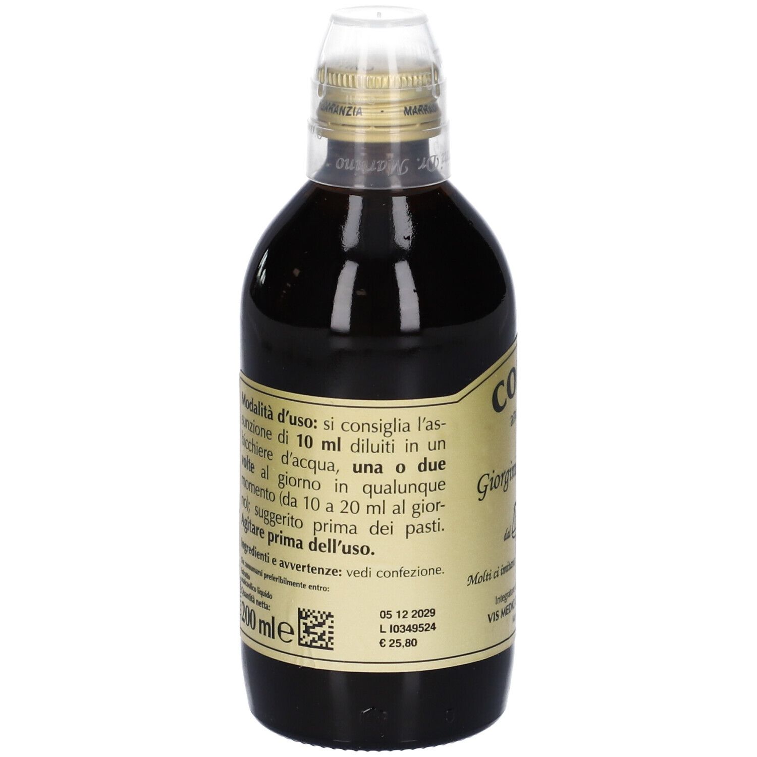 Retro di bottiglia in vetro con liquido marrone. Etichetta dorata con testo. Scritta: COLEVIS, Giorgini Dr. Martino.