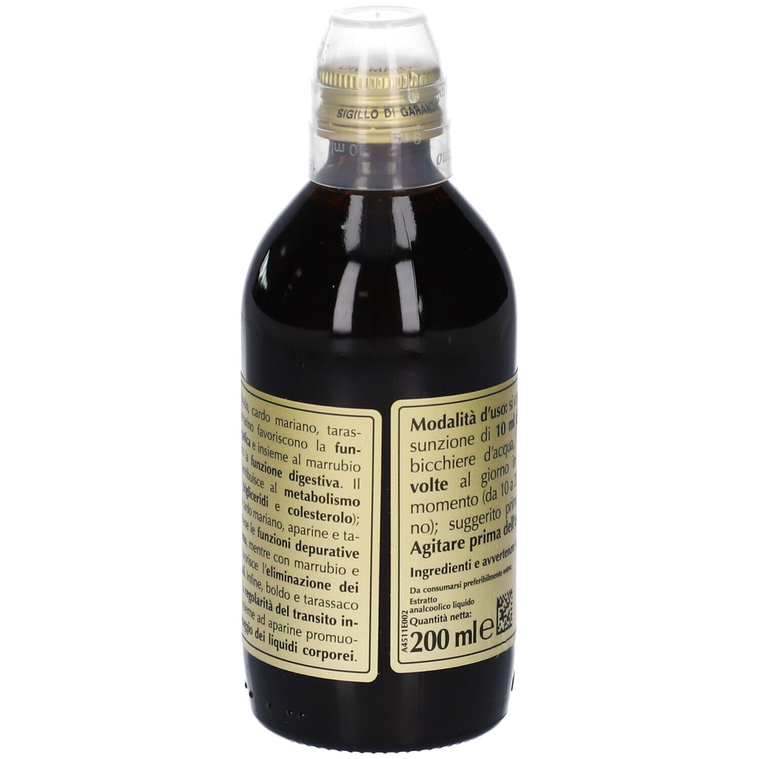 Retro di bottiglia in vetro con liquido marrone. Etichetta dorata con testo. Scritta: COLEVIS, Giorgini Dr. Martino, 200 ml.