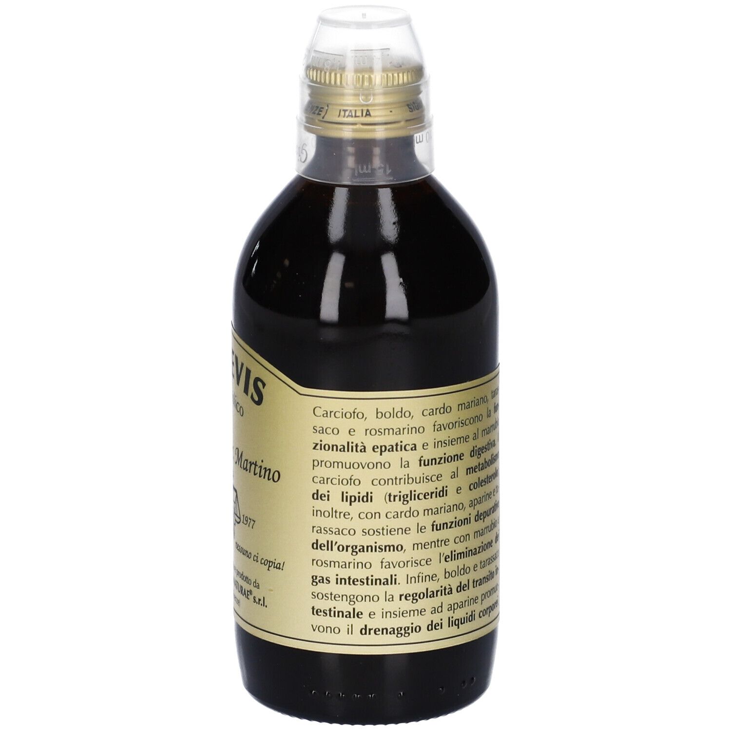 Bottiglia in vetro con liquido marrone. Etichetta dorata con testo. Scritta: COLEVIS analcoolico, Giorgini Dr. Martino.