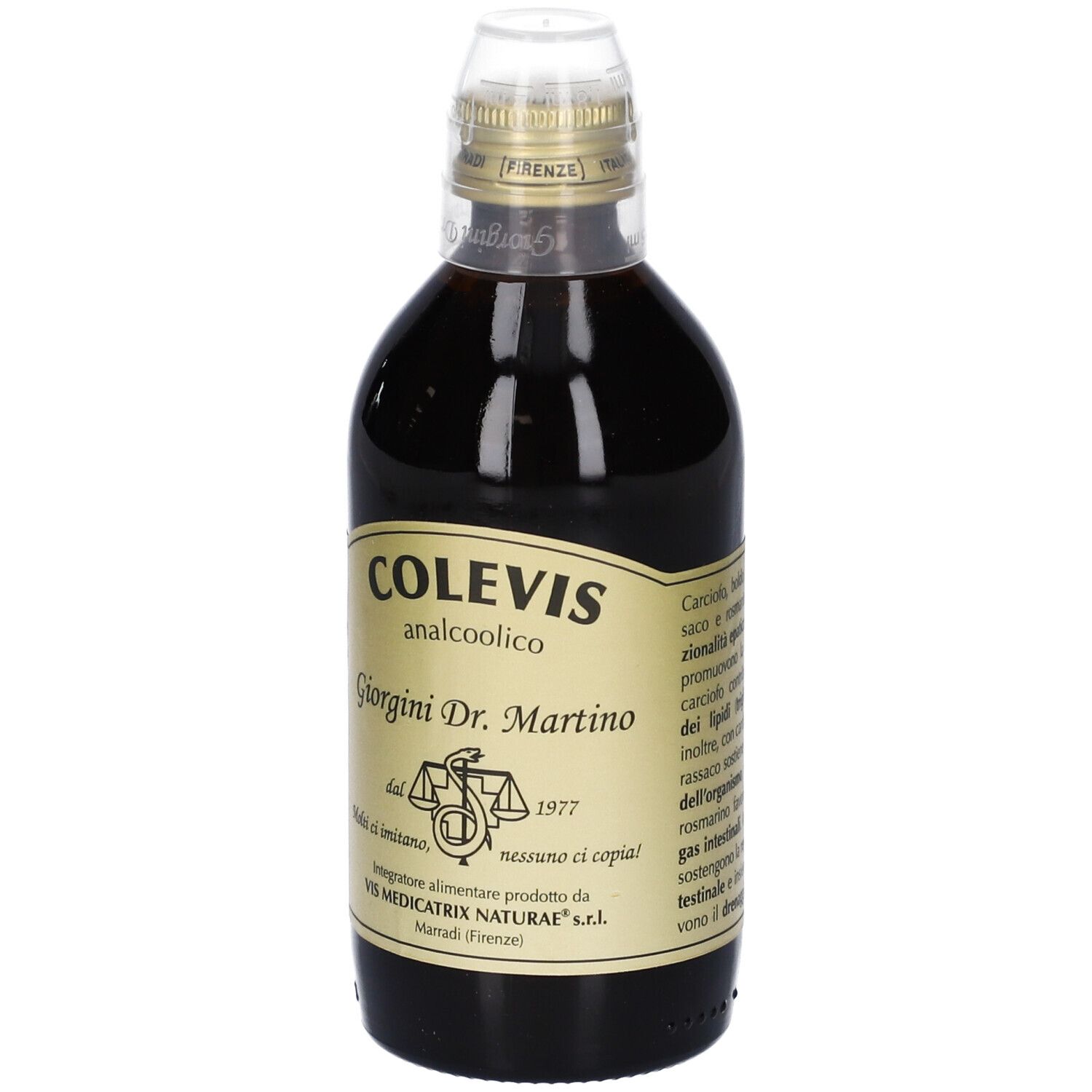 Bottiglia in vetro con liquido marrone. Etichetta dorata con testo. Scritta: COLEVIS analcoolico, Giorgini Dr. Martino.
