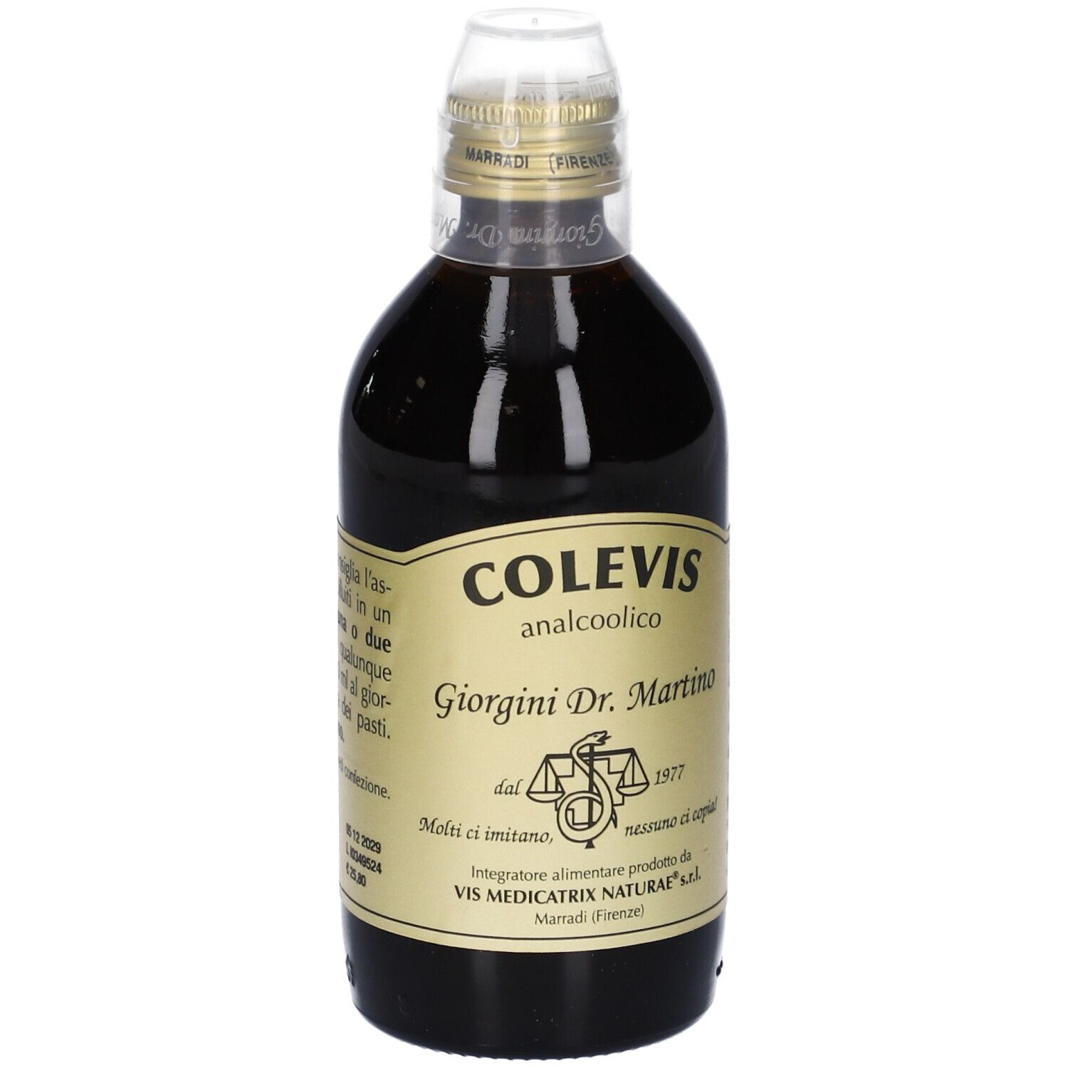 Bottiglia in vetro con liquido marrone. Etichetta dorata con testo. Scritta: COLEVIS analcoolico, Giorgini Dr. Martino.