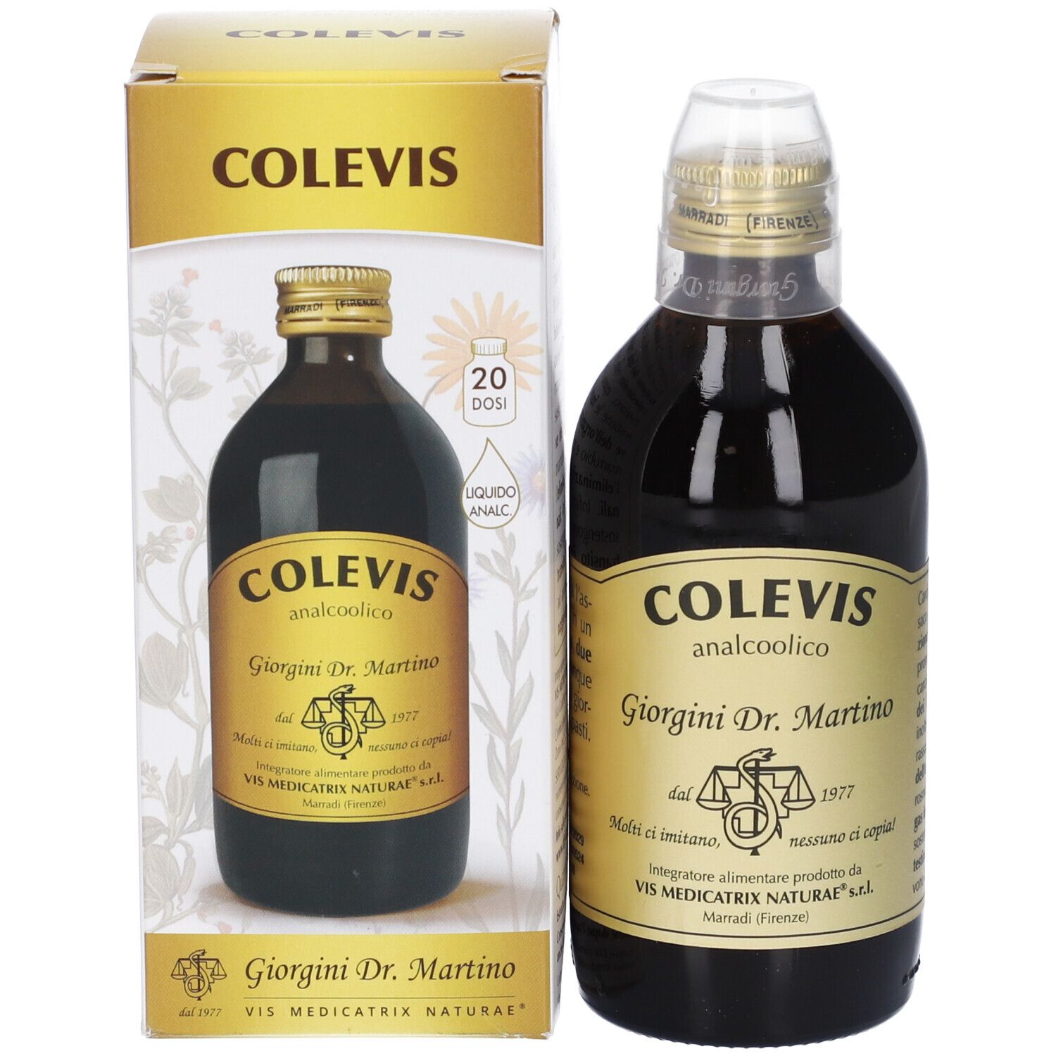 Bottiglia in vetro e scatola. Scritta: COLEVIS analcoolico, Giorgini Dr. Martino. 20 dosi.