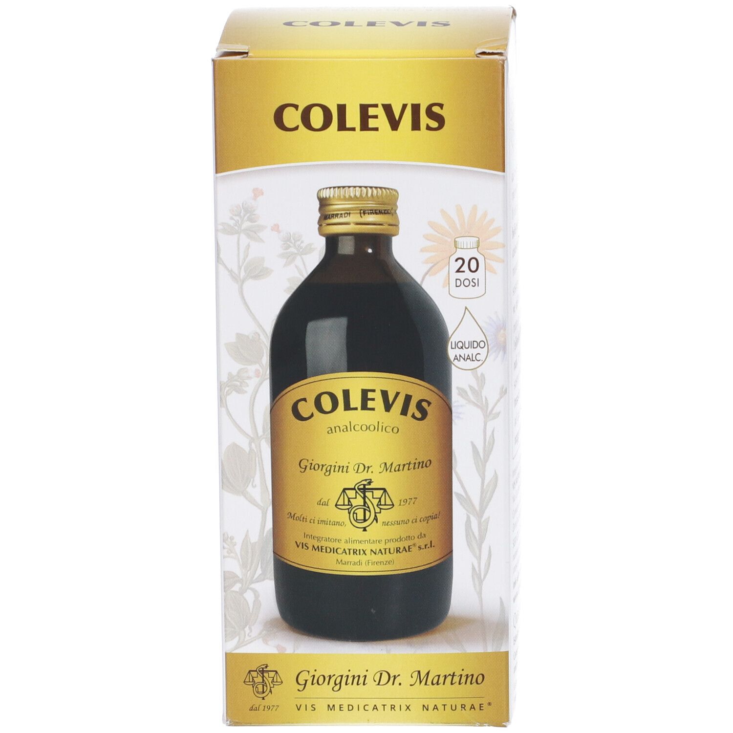Scatola con bottiglia in vetro. Scritta: COLEVIS analcoolico, Giorgini Dr. Martino. 20 dosi.