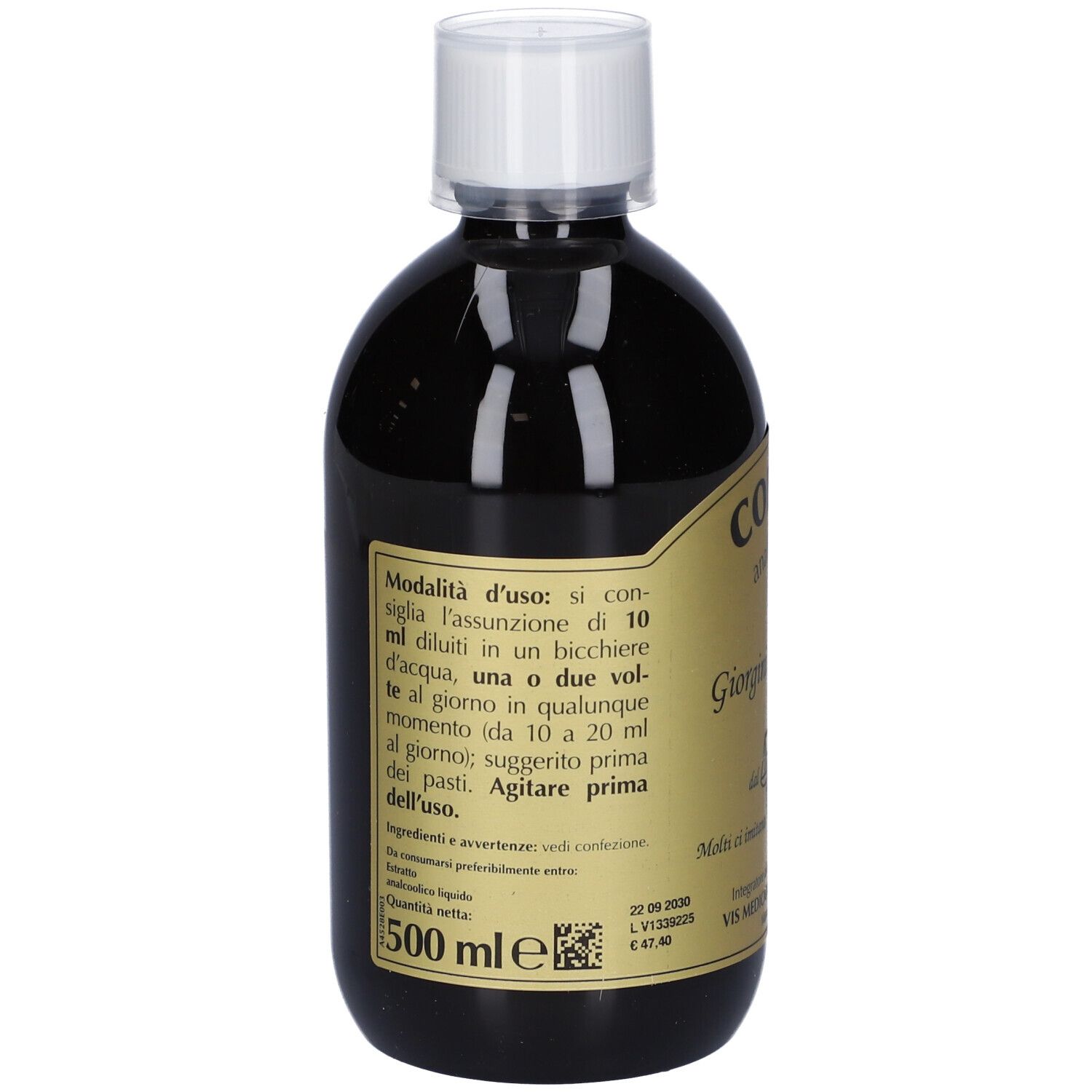 Liquido marrone in bottiglia con tappo bianco. Scritta: COLEVIS analcoolico, Giorgini Dr. Martino. Testo sul retro.