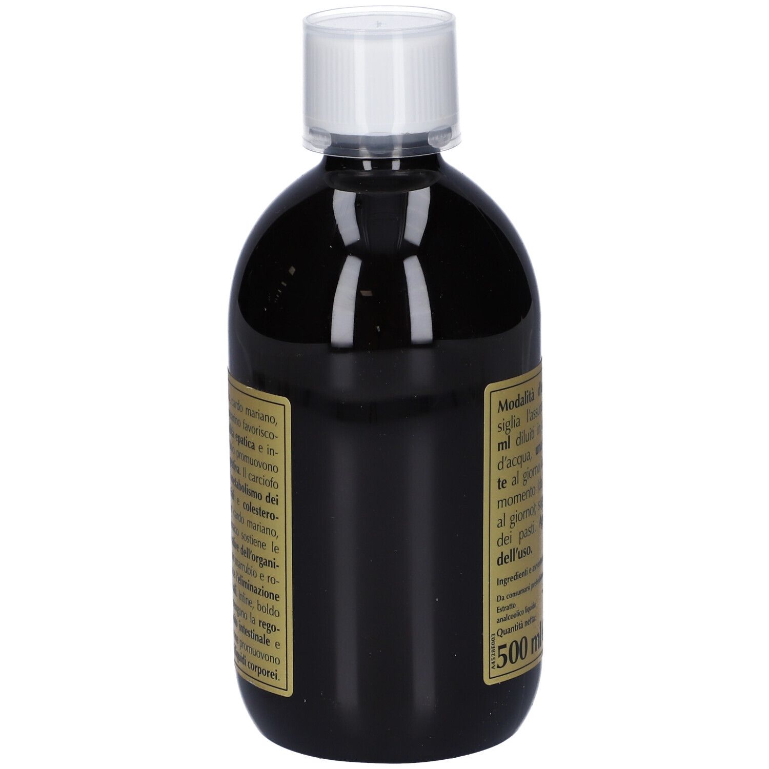 Liquido marrone in bottiglia con tappo bianco. Testo sul retro.