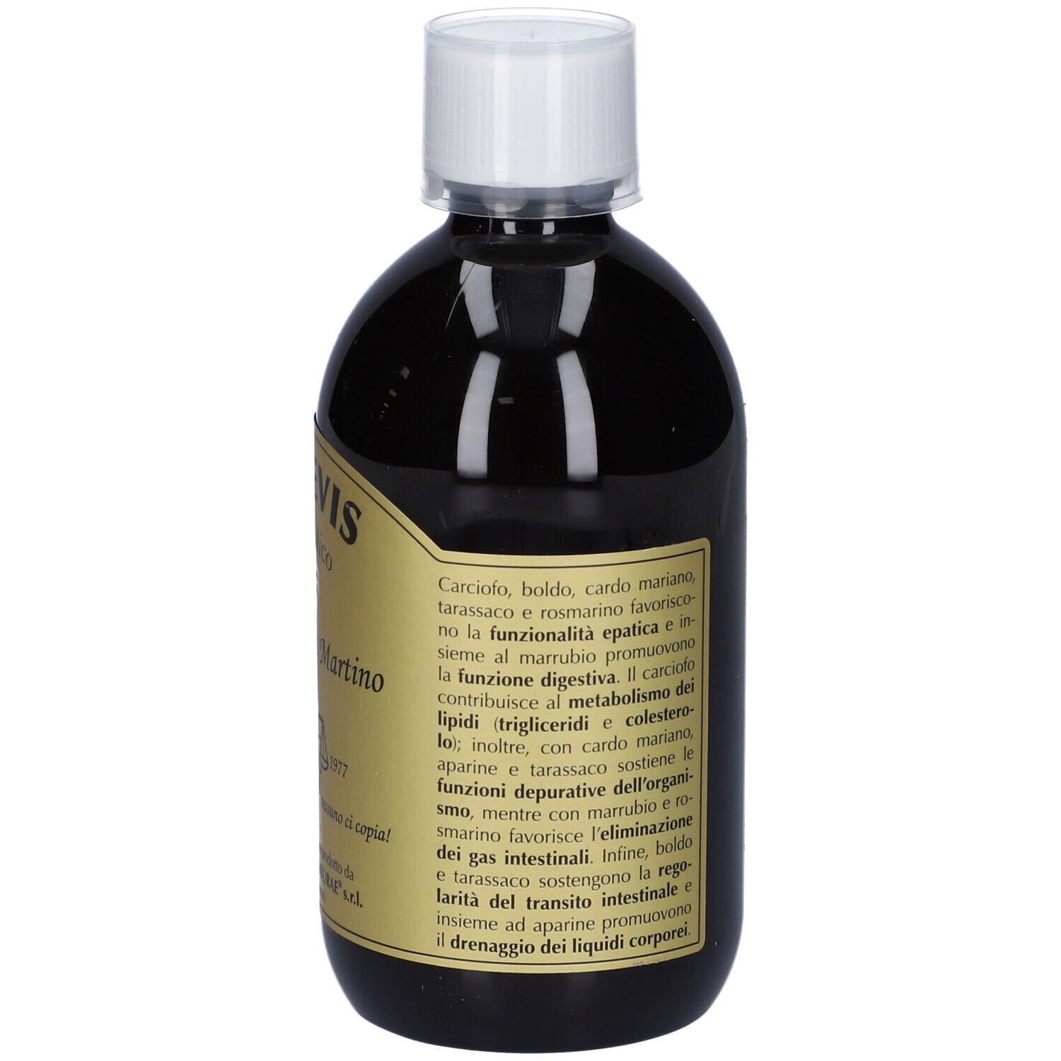 Liquido marrone in bottiglia con tappo bianco. Scritta: COLEVIS analcoolico, Giorgini Dr. Martino. Testo sul retro.