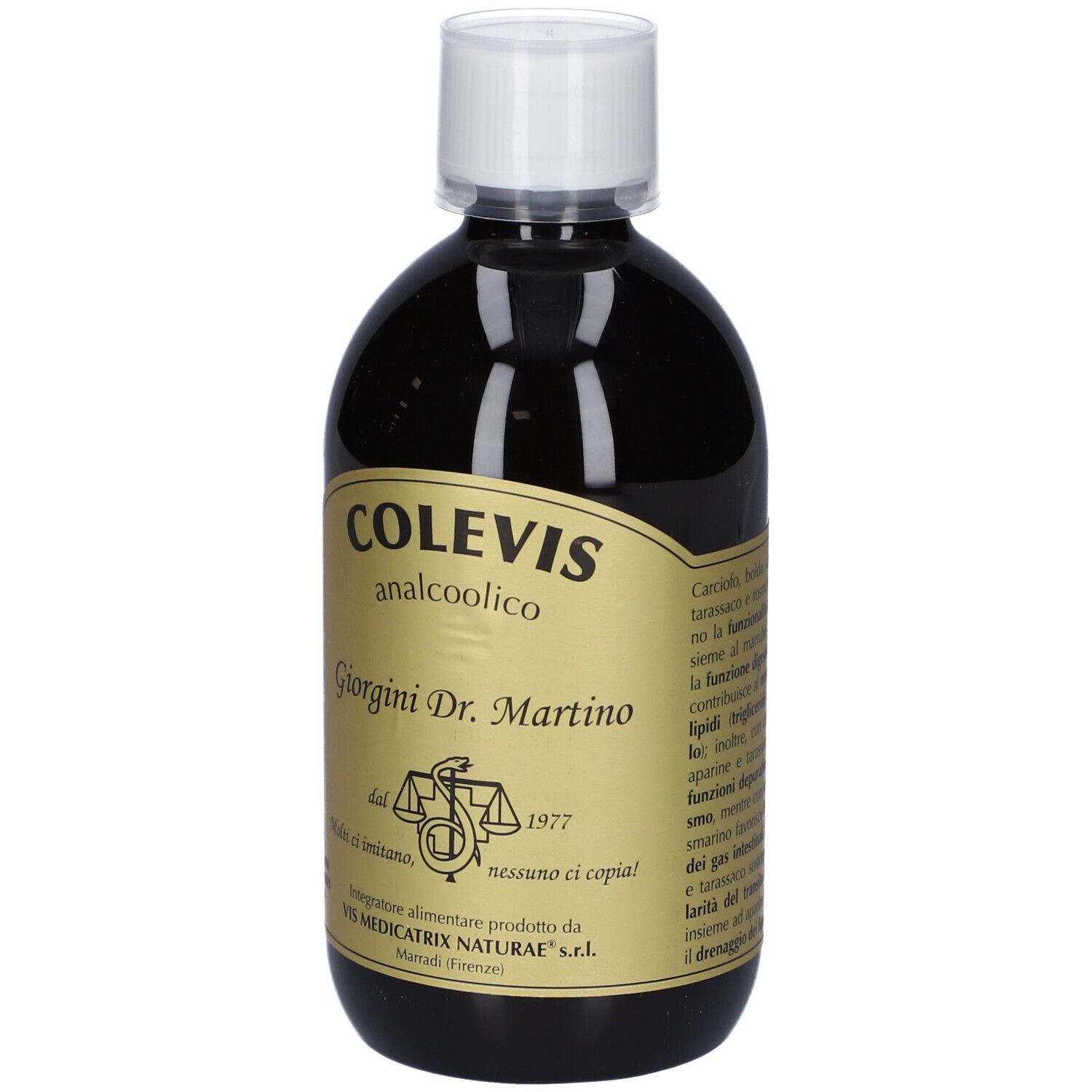 Liquido marrone in bottiglia con tappo bianco. Scritta: COLEVIS analcoolico, Giorgini Dr. Martino.