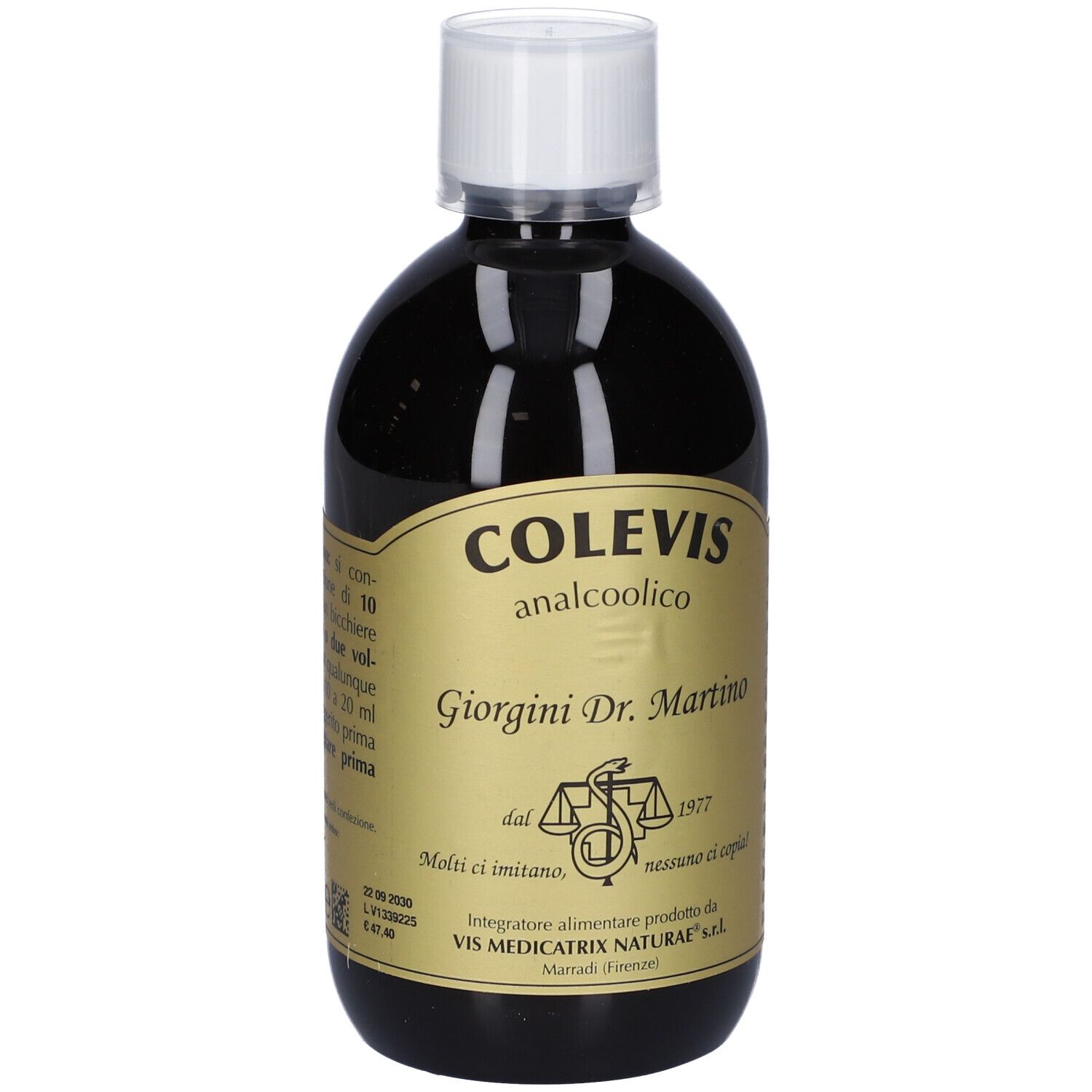 Liquido marrone in bottiglia con tappo bianco. Scritta: COLEVIS analcoolico, Giorgini Dr. Martino. Testo sul retro.