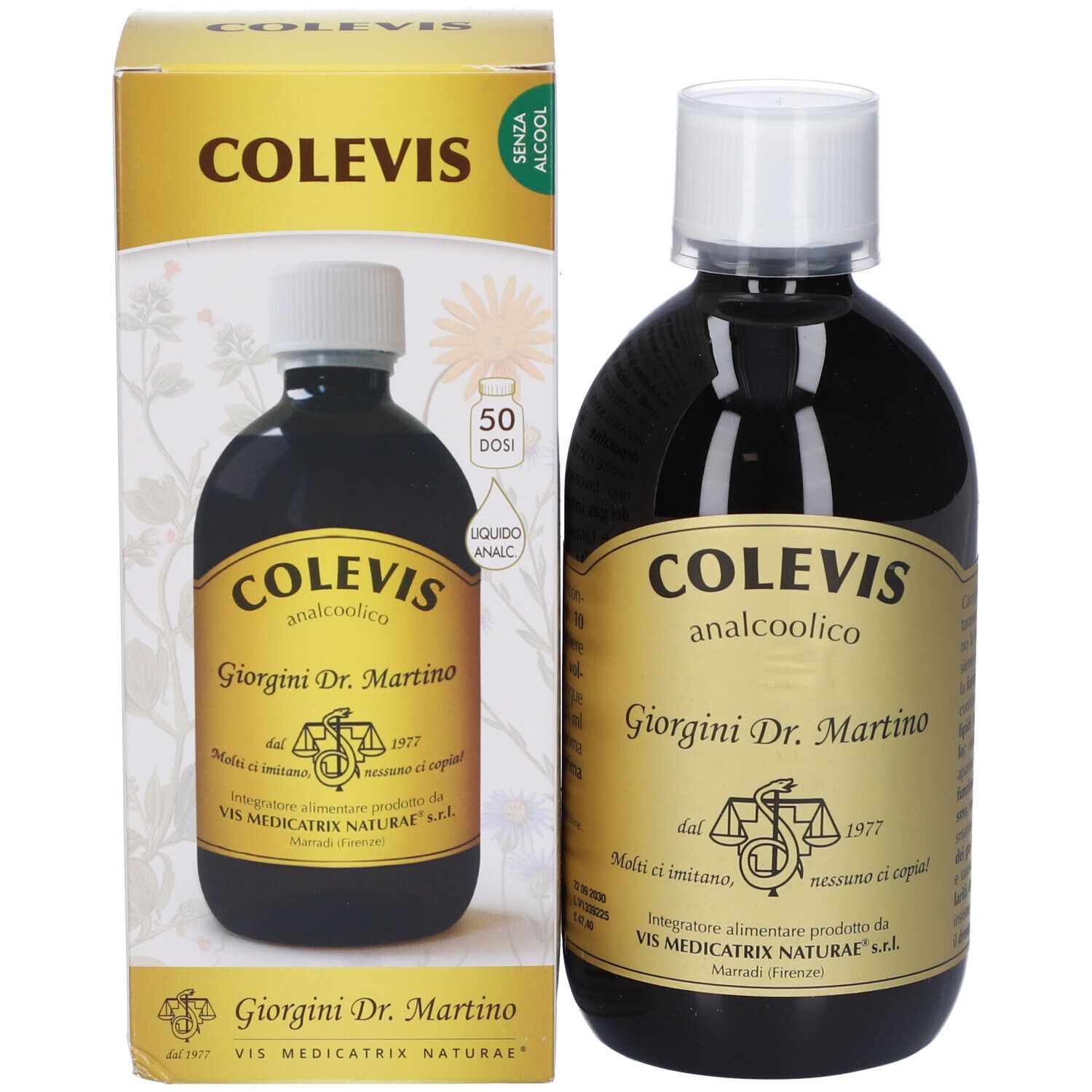 Bottiglia e scatola. Scritta: COLEVIS analcoolico, Giorgini Dr. Martino. 50 dosi.