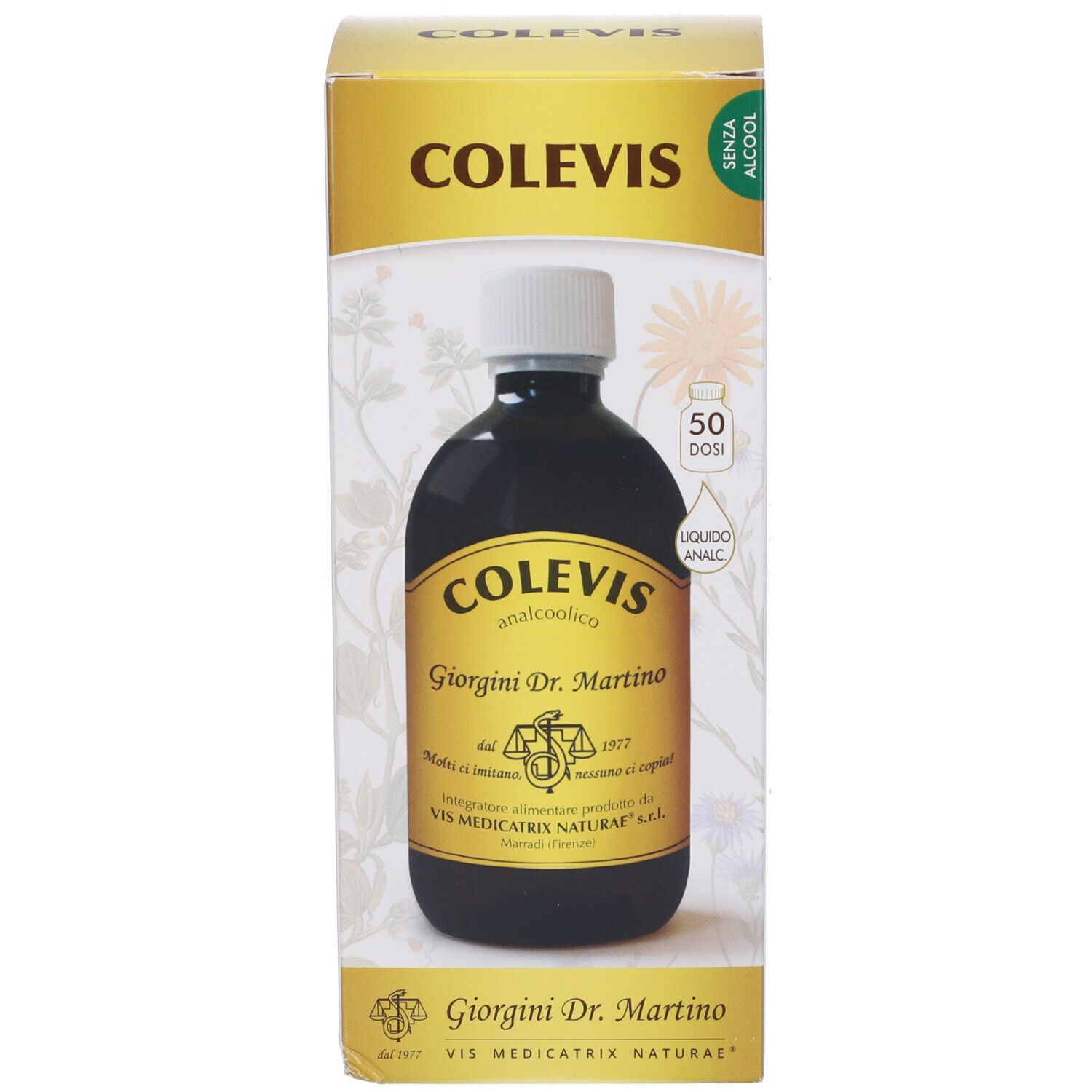 Scatola con bottiglia. Scritta: COLEVIS analcoolico, Giorgini Dr. Martino. 50 dosi.