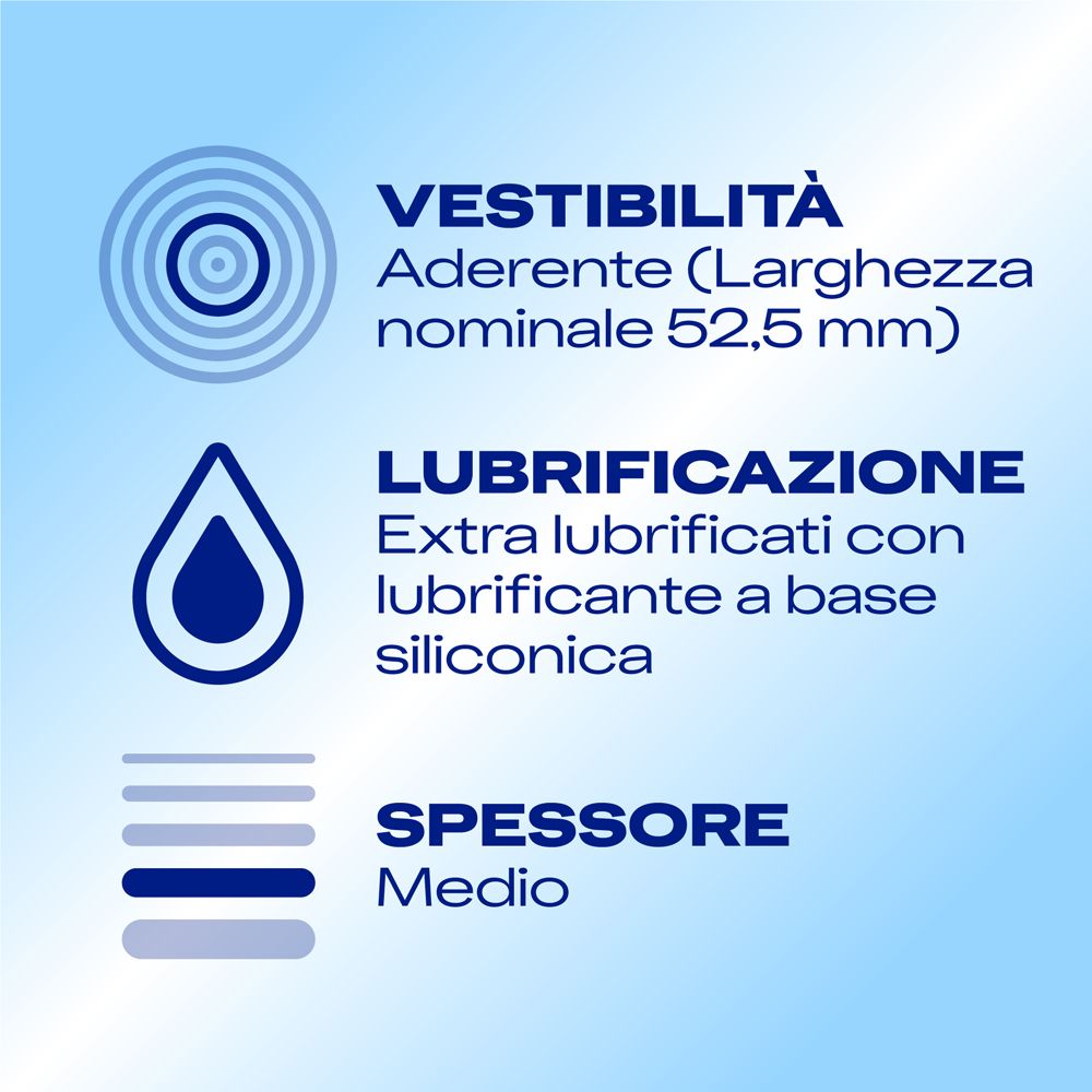 Condom di medio spessore, extra lubrificato con lubrificante a base siliconica, larghezza nominale 52,5 mm.