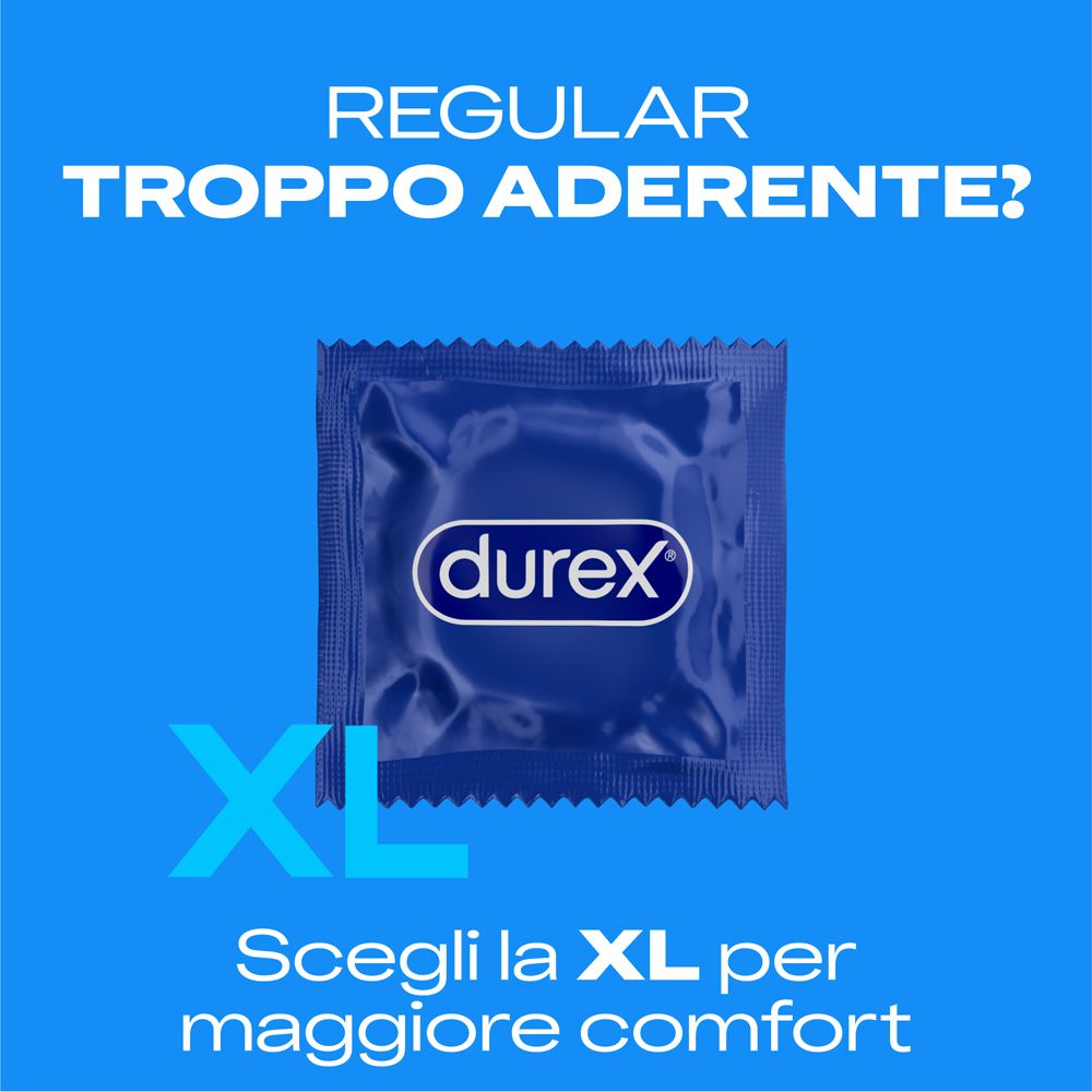 Confezione di preservativi Durex XL con la domanda 'Regolare troppo aderente?'.