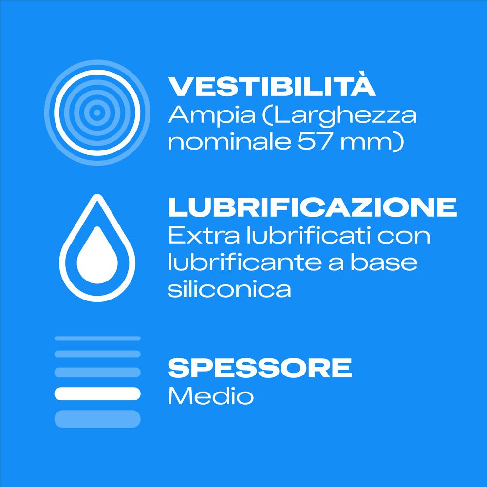 Preservativo largo (57 mm larghezza nominale), extra lubrificato con lubrificante base silicone. Spessore medio.