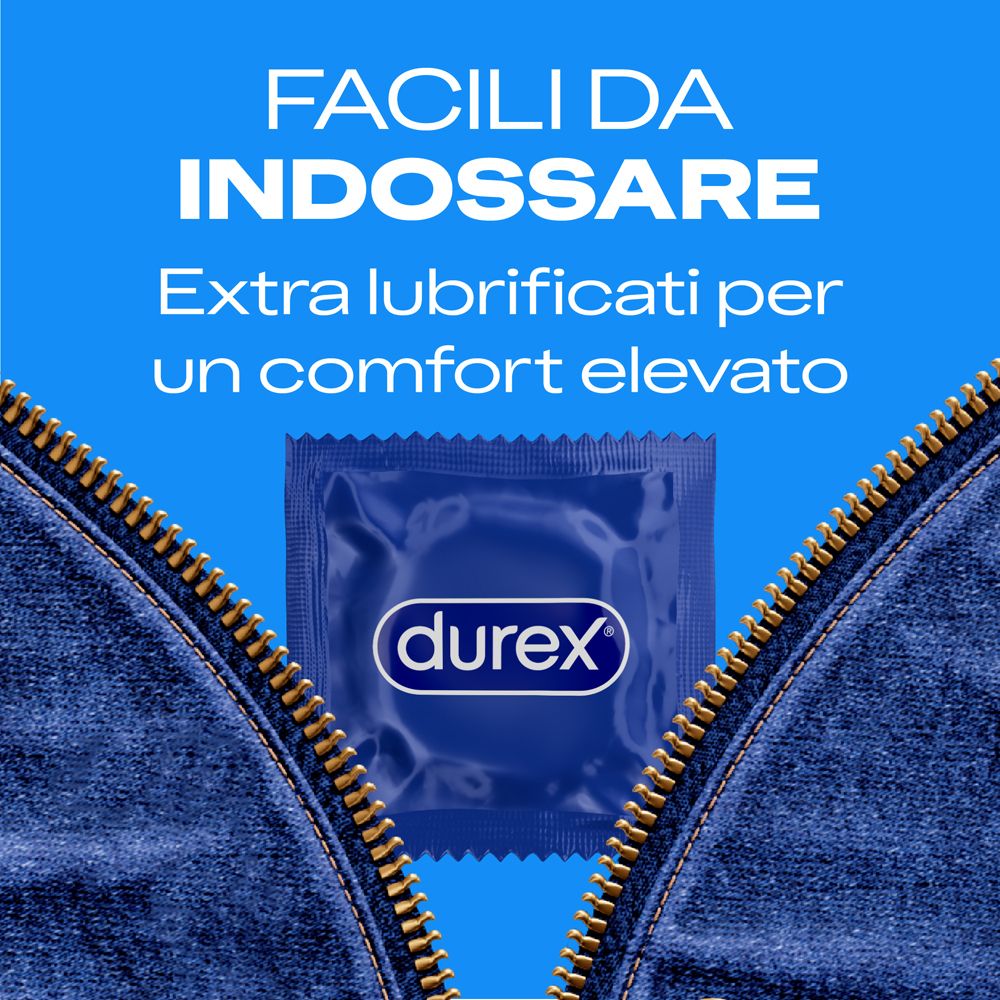 Confezione blu di preservativo con logo Durex. "Facili da indossare" e "Extra lubrificati per un comfort elevato".