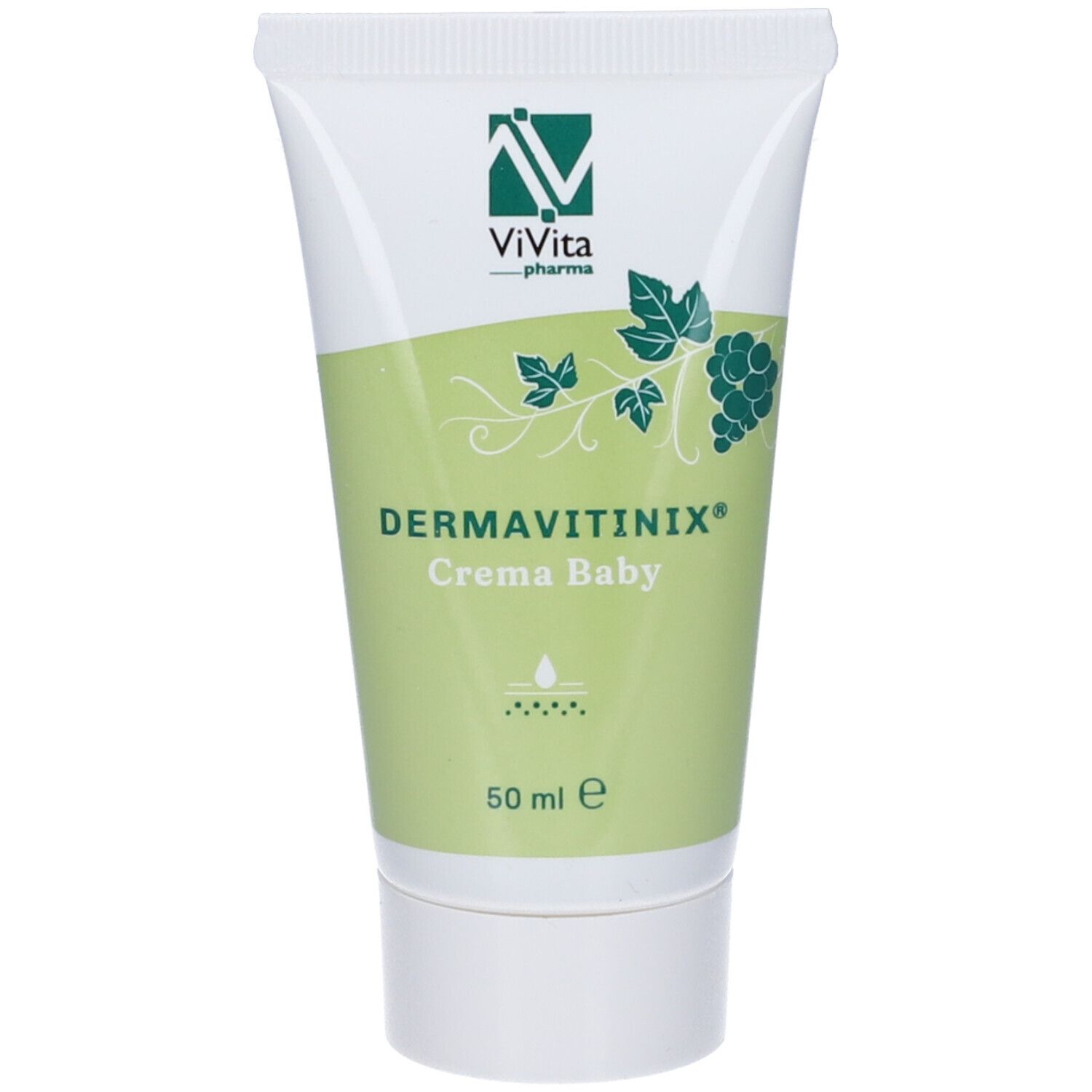Tubo di crema bianco e verde. Scritta: Dermavitinix Crema Baby, 50 ml. Logo: ViVita Pharma.