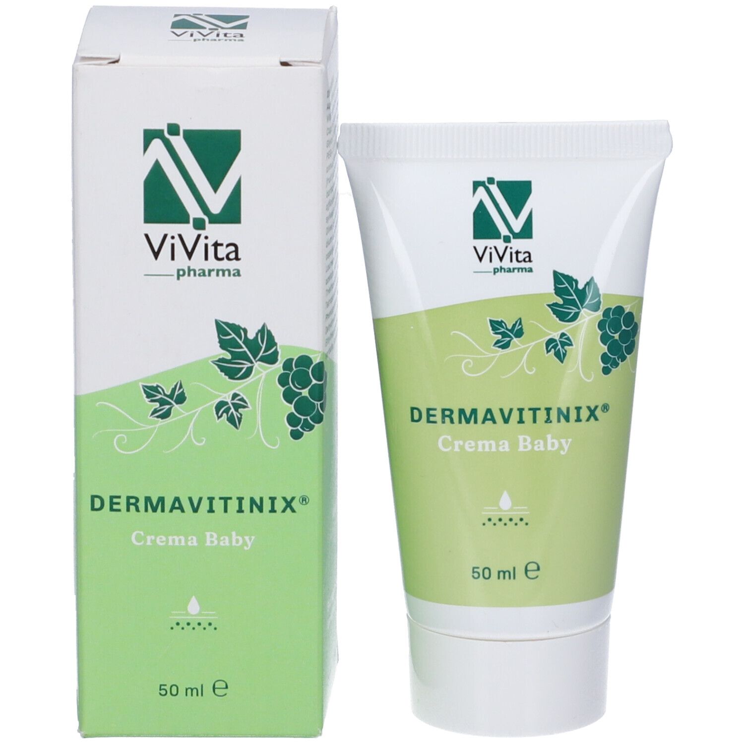 Confezione del prodotto con tubo di crema. Scritta: Dermavitinix Crema Baby, 50 ml. Logo: ViVita Pharma.