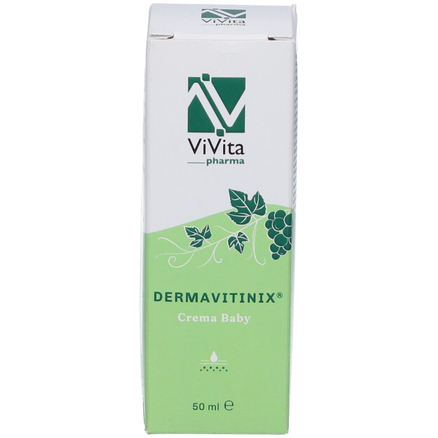 Confezione del prodotto. Scritta: Dermavitinix Crema Baby, 50 ml. Logo: ViVita Pharma. Scatola bianca e verde.