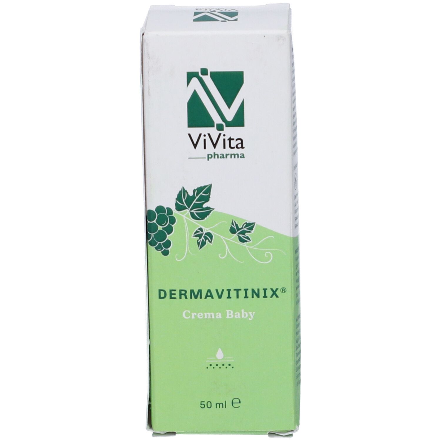 Confezione del prodotto. Scritta: Dermavitinix Crema Baby, 50 ml. Logo: ViVita Pharma. Scatola bianca e verde.