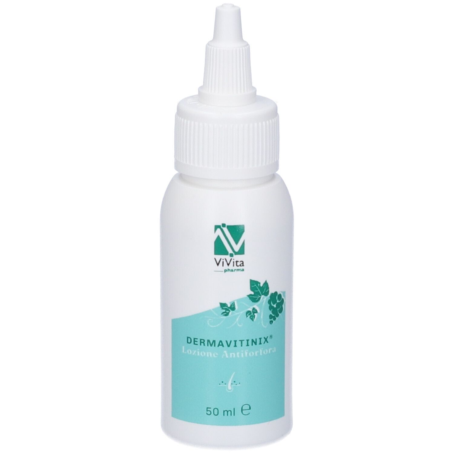 Flacone bianco con beccuccio dosatore. Scritta: Dermavitinix Lozione Antiforfora. Marchio: ViVita pharma.