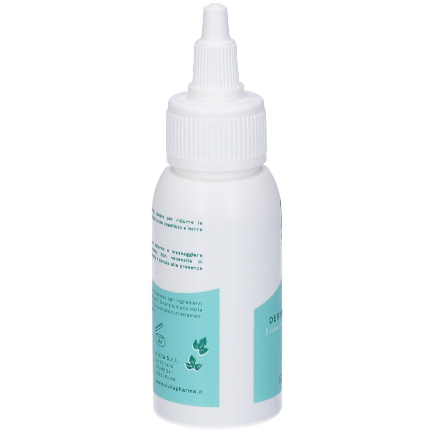 Flacone bianco con beccuccio dosatore. Scritta: Dermavitinix Lozione Antiforfora. Marchio: ViVita pharma.
